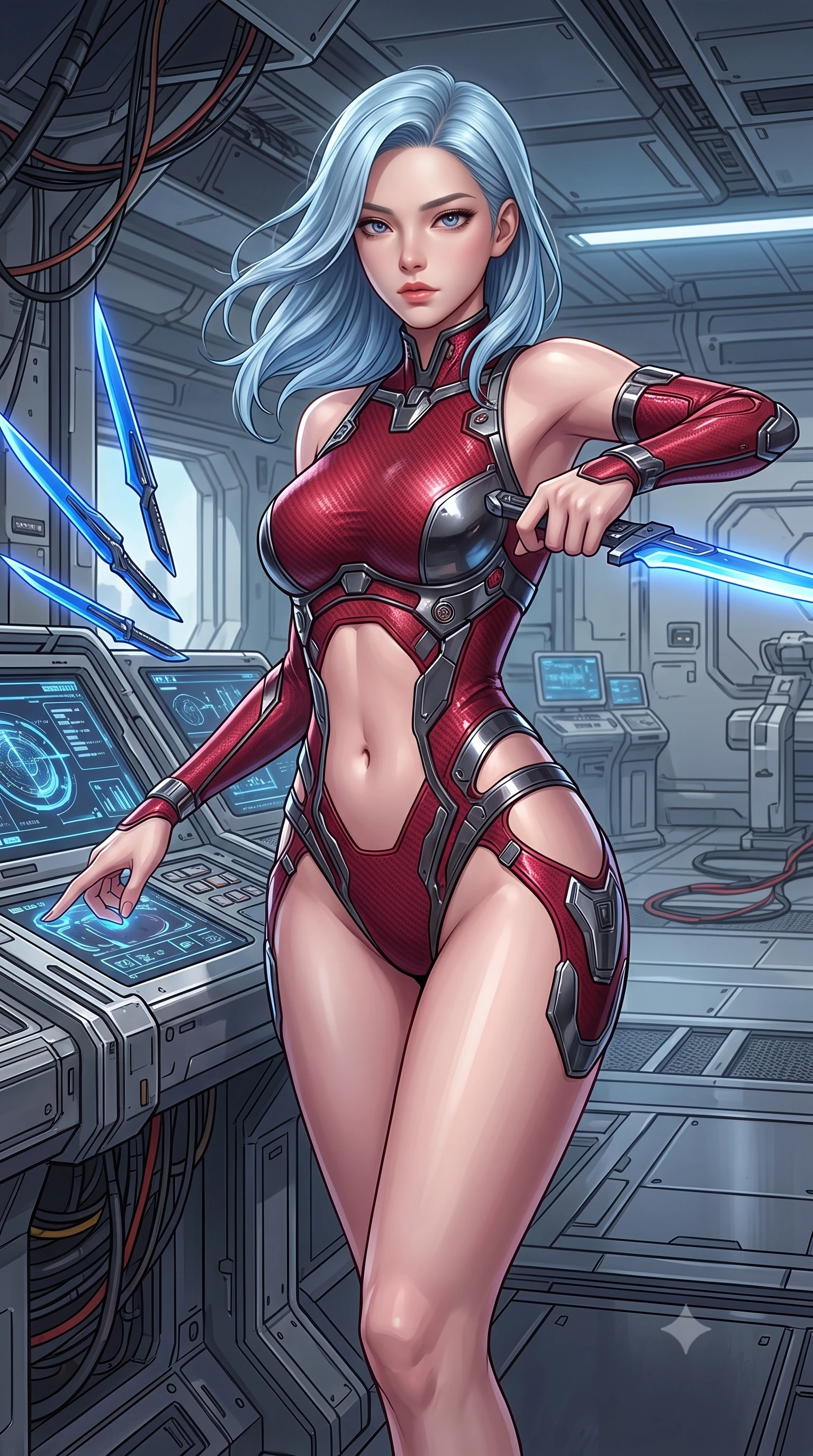 score_9, masterpiece, best quality, ultra-detailed, high-budget anime keyframe, semi-realistic 3D game render, editorial fashion photography, tasteful artistic composition, Korean woman. close-up cowboy shot from the waist and thighs up, the character dominates the composition, filling the frame with her large presence. twisting her upper body in a dynamic S-curve combat stance, one hand steadying her weapon with commanding supermodel allure while leaning against a flight control console with one hand extended, directing the floating blades with graceful finger gestures. The surrounding environment is rendered in vivid detail and crisp panoramic clarity. vibrant high-contrast daylight and advanced aerospace carrier engineering in panoramic precision. She has an exceptionally elegant, slender, and willowy female figure with an ultra-slim waist, a gracefully sculpted slender torso, toned flat midriff, and a refined slim silhouette. sharp v-shaped jawline, high-bridge nose, intricate jewel-like eyes with depth, thick eyelashes, glossy lips with a natural sheen, flawlessly proportioned anatomical accuracy, strict slender model proportions, natural body alignment, perfectly sculpted long slender limbs, ultra-slim waistline, clean dynamic posture without body distortion. wearing a skin-tight crimson carbon-weave combat leotard with metallic dark chrome plating and hip-accentuating cutouts, holding twin glowing high-frequency vibro-blades with effortless supermodel poise in electric cobalt blue carbon with polished platinum trim, crafted from semi-translucent cybernetic carbon-vinyl interwoven with glowing micro-filaments, finished with high-mobility articulation joints and miniature magnetic armor locks, the precision-cut daring openings accentuating her delicate midriff, graceful bare collarbones, and ultra-slim feminine waistline. illuminated by crisp specular highlights tracing her sculpted collarbones, waistline, and long slender legs. rich saturated anime colors with glowing neon highlights, detailed shading with soft gradients, rich glossy textures, high-contrast stereoscopic depth, volumetric dynamic lighting, master piece, 9:16 ratio