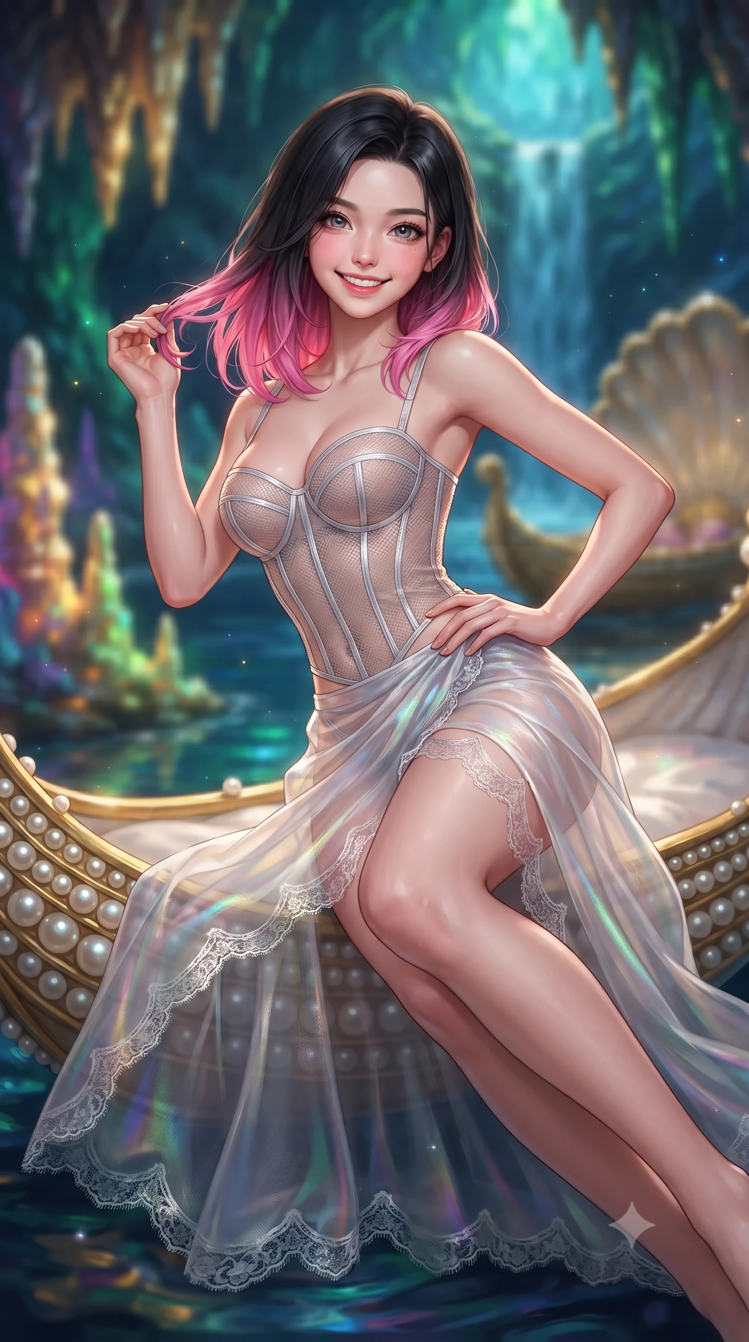 score_9, masterpiece, best quality, ultra-detailed, high-budget anime keyframe, editorial fashion photography, tasteful artistic composition, Korean woman. close-up cowboy shot from the waist and thighs up, the character dominates the composition, filling the frame with her large presence. twisting her slender torso in an alluring contrapposto stance, one hand resting on her sculpted hip while her fingers toy with her hair with effortless poise while lounging gracefully in the gilded shell barque propped on one elbow with legs extended, her statuesque 8.5-heads silhouette commanding the subterranean fantasy. The background shows a soft-focus illuminated artificial stalactites and stalagmites glowing with dynamic colored lighting, gilded golden shell boat, and subterranean waterfall blurred into sapphire, emerald, and gold bokeh. She has an exceptionally elegant, slender, and willowy female figure with an ultra-slim waist, flat toned midriff, narrow ribcage, and sculpted feminine hips creating an alluring, slim hourglass silhouette without bulk. sharp v-shaped jawline, high-bridge nose, intricate jewel-like sparkling eyes with depth, thick eyelashes, glossy parted lips with a natural peach sheen, bright cheerful beaming smile with an enchanting and coquettish sensual glint, exuding both youthful cute charm and seductive allure, flawlessly proportioned anatomical accuracy, strict slender model proportions, natural body alignment, perfectly sculpted long slender limbs, ultra-slim waistline, clean dynamic posture without body distortion. wearing a provocative translucent mesh corset bodice with boned satin channels paired with a sheer chiffon wrap maxi skirt in liquid molten silver and iridescent mother-of-pearl, crafted from translucent silk organza with an ethereal crystalline sheen, finished with scalloped eyelash lace trim framing her sweetheart neckline with intimate elegance, the form-contouring silhouette accentuating her sculpted flat midriff, narrow delicate ribcage, and gracefully curvy hips with intoxicating allure. bathed in the magical theatrical 3500K sapphire-and-emerald electric arc illumination designed for King Ludwig II's private opera performances. ultra-reflective glossy finish, specular highlights, rich textural contrasts, high-contrast stereoscopic depth, volumetric dynamic lighting, 2k, ultra detail, master piece, 9:16 ratio