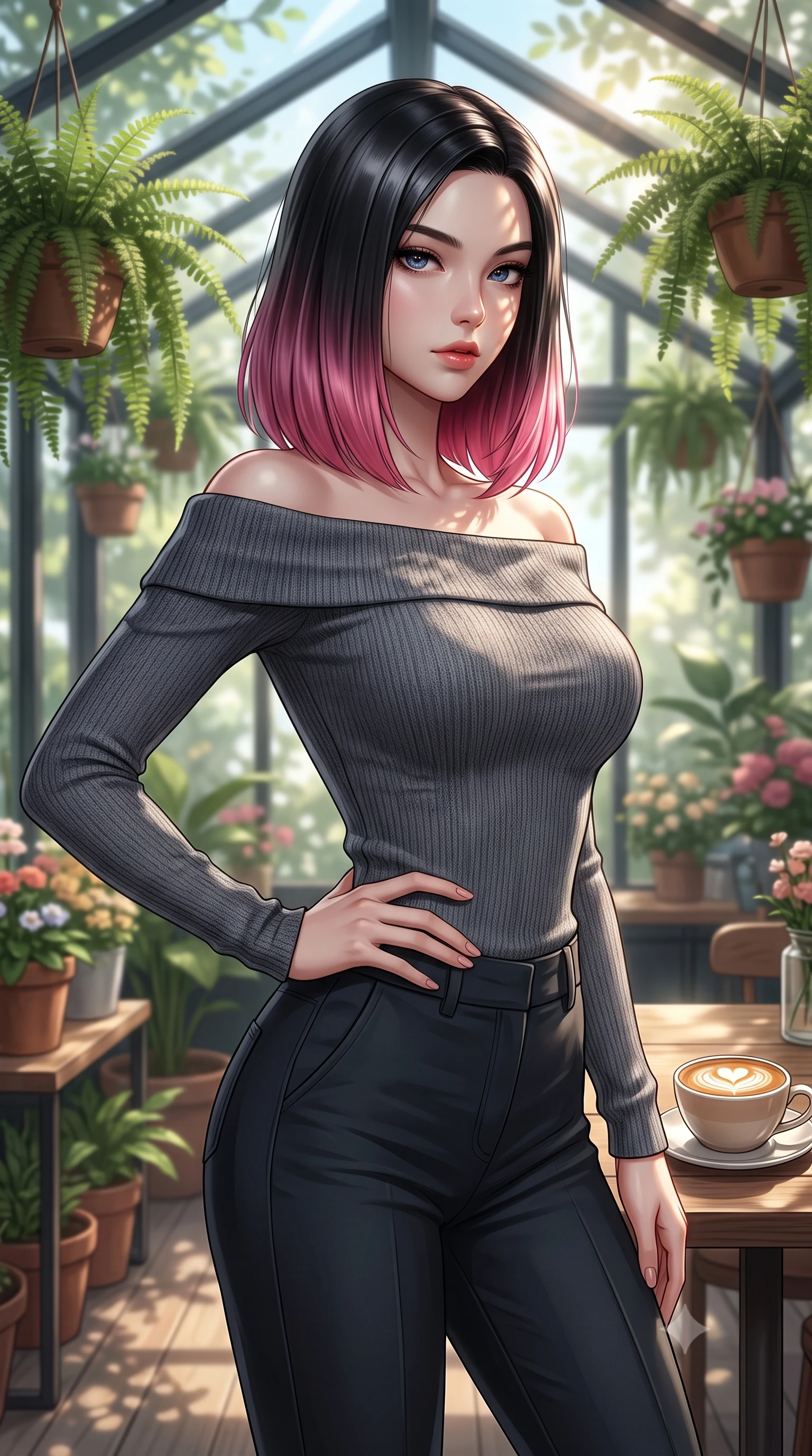score_9, masterpiece, best quality, ultra-detailed, high-budget anime keyframe, editorial fashion photography, tasteful artistic composition, Korean woman. close-up cowboy shot from the waist and thighs up, the character dominates the composition, filling the frame with her large presence, background elements kept in soft focus. resting one hand on her waist, casting a smoldering, enticing side-gaze at the viewer set against a soft-focus background of in a quiet glass-roofed sunroom cafe filled with hanging ferns and flower pots with a warm cup of cafe latte with heart-shaped foam art on the table. She has an exceptionally elegant, slender, and willowy female figure with an ultra-slim waist, a gracefully sculpted slender torso, and a refined silhouette. sharp v-shaped jawline, high-bridge nose, intricate jewel-like eyes with depth, thick eyelashes, glossy lips with a natural sheen. wearing form-contouring body-hugging off-shoulder knit top in charcoal, paired with tailored slim pants. dappled sunlight filtering through the outdoor awning onto her face. ultra-reflective glossy finish, specular highlights, metallic sheen, high-contrast stereoscopic depth, volumetric dynamic lighting, 2k, ultra detail, master piece, 9:16 ratio