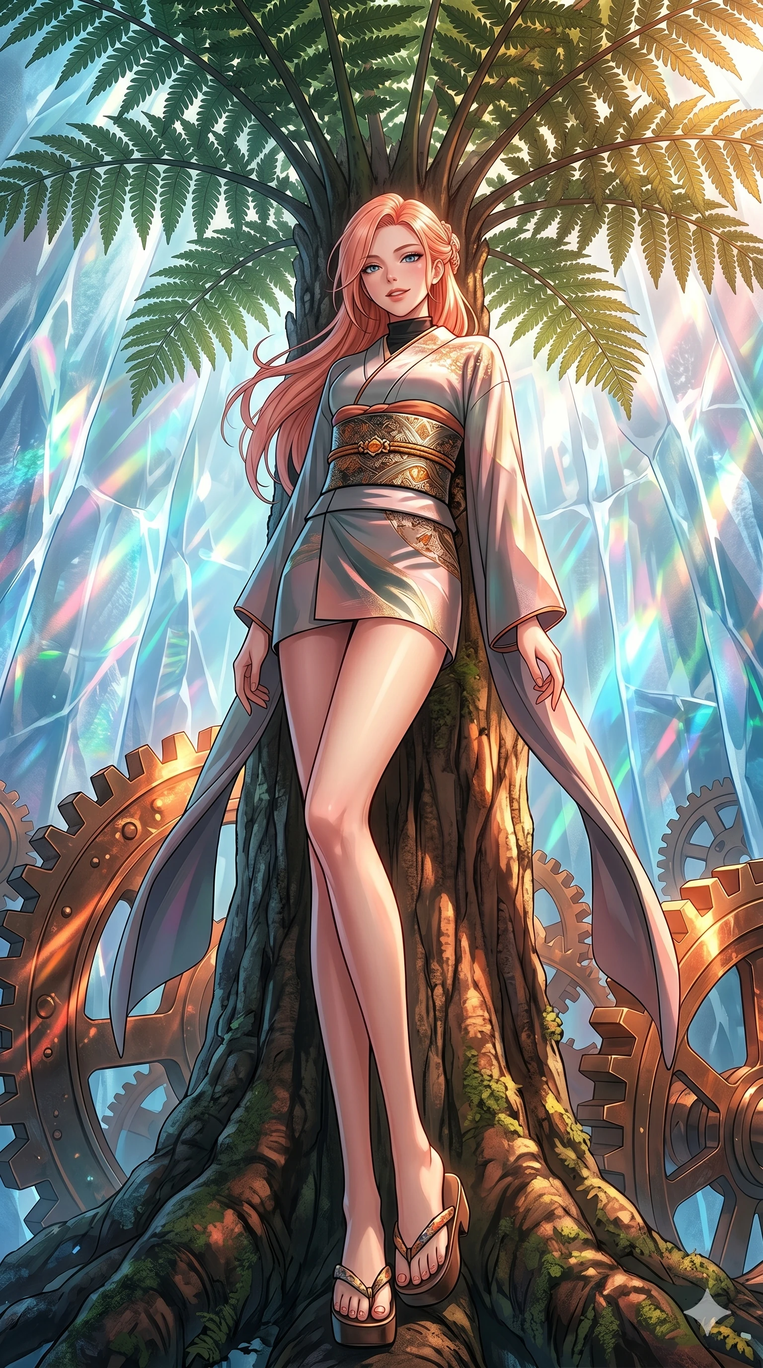score_9, masterpiece, best quality, ultra-detailed, high-budget anime keyframe, editorial fashion photography, tasteful artistic composition, Japanese woman. low angle full-body shot from head to toe showing her feet, filling the entire 9:16 vertical frame with her statuesque presence, stretching her vertical silhouette. leaning back against a massive fern trunk, her lips parted slightly in a confident smile in a glacier dome with prismatic sunlight refracting through ice walls (Code-P18-032). She has an absolutely perfect 8-heads proportion, an exceptionally tall and slender female figure with impossibly long slender legs and an ultra-slim waist. V-shaped jawline, high-bridge nose, intricate jewel-like eyes with depth, thick eyelashes, glossy lips with a natural sheen. wearing a modern high-neck fusion kimono with long sleeves and a wide obi. amber and copper light rays refracting through the gears, creating deep dramatic shadows. 2k, ultra detail, master piece, 9:16 ratio