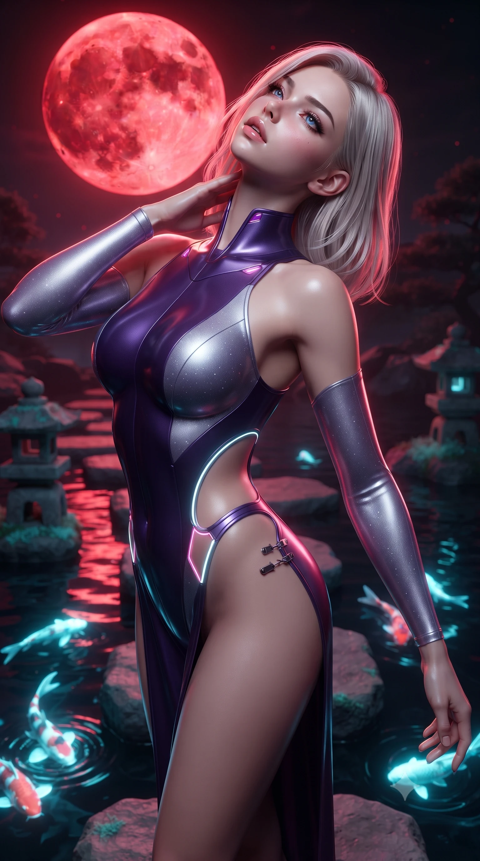 score_9, masterpiece, best quality, ultra-detailed, high-budget anime keyframe, editorial fashion photography, tasteful artistic composition, Caucasian woman. close-up cowboy shot from the waist and thighs up, the character dominates the composition, filling the frame with her large presence. tilting her head back with a sensual alluring expression, exposing her throat and shoulders to the camera with heavy lashes and softly parted glossy lips while balancing with flawless poise on a floating stepping stone overlooking a blood-red cyber moon. The surrounding environment is rendered in vivid detail and crisp panoramic clarity. sharp digital koi pond ripples, crisp blood moon craters, and stone lantern details in high resolution. She has an exceptionally elegant, slender, and willowy female figure with an ultra-slim waist, a gracefully sculpted slender torso, and a refined silhouette. sharp v-shaped jawline, high-bridge nose, intricate jewel-like eyes with depth, thick eyelashes, glossy lips with a natural sheen, flawlessly proportioned anatomical accuracy, natural body alignment, perfectly sculpted elegant limbs, clean dynamic posture without body distortion. wearing a skin-tight cybernetic bodysuit with glowing neon seams, deep hip cutouts, and an aerodynamic athletic fit in dark amethyst purple and shimmering starlight silver, crafted from ultra-reflective second-skin latex with a glass-like polish, finished with an ultra-high side slit secured by miniature magnetic clasps, the sleek aerodynamic cut emphasizing her magnetic presence and alluring physical grace. bathed in dramatic crimson blood-moon backlighting and glowing cyan moss ambient fill. ultra-reflective glossy finish, specular highlights, metallic sheen, high-contrast stereoscopic depth, volumetric dynamic lighting, 2k, ultra detail, master piece, 9:16 ratio