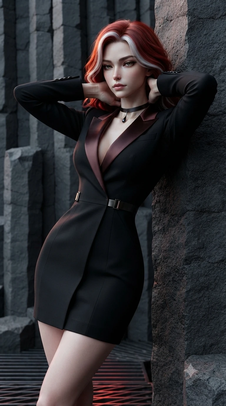 score_9, masterpiece, best quality, ultra-detailed, high-budget anime keyframe, editorial fashion photography, tasteful artistic composition, Caucasian woman. close-up cowboy shot from the waist and thighs up, the character dominates the composition, filling the frame with her large presence. resting both hands lightly behind her neck with elbows raised, arching her spine to highlight her narrow waist and flat midriff while leaning against the towering vertical basalt column with hips cocked back, looking through lowered lashes with an enchanting, superior half-smile. The surrounding environment is rendered in vivid detail and crisp panoramic clarity: sharp hexagonal column joint seams, natural volcanic rock micro-textures, and glowing floor grille lines in deep focus. She has an exceptionally elegant, slender, and willowy female figure with an ultra-slim waist, flat toned midriff, narrow ribcage, and sculpted feminine hips creating an alluring, slim hourglass silhouette without bulk. sharp v-shaped jawline, high-bridge nose, intricate jewel-like dark sparkling eyes with hypnotic seductive depth, thick curled eyelashes, glossy parted lips with a natural wine sheen, alluring bedroom-eyes with an enigmatic smoldering smile, exuding magnetic sovereign charisma and dark avant-garde glamour, flawlessly proportioned anatomical accuracy, strict slender model proportions, natural body alignment, perfectly sculpted long slender limbs, ultra-slim waistline, clean dynamic posture without body distortion. wearing a tailored onyx black tux dress with silk lapels and fitted waist in dark mahogany and brushed gunmetal, woven from bespoke high-density barathea wool with refined ceremonial hold, finished with a minimalist dark choker and a single teardrop pendant, the bespoke structured tailoring following the natural line of her 8.5-heads silhouette with refined elegance. illuminated by volcanic stone bounce and sharp scarlet-amber rim lights defining her razor-sharp jawline, narrow waist, and curvy hips. ultra-reflective glossy finish, specular highlights, metallic sheen, high-contrast stereoscopic depth, volumetric dynamic lighting, 2k, ultra detail, master piece, 9:16 ratio