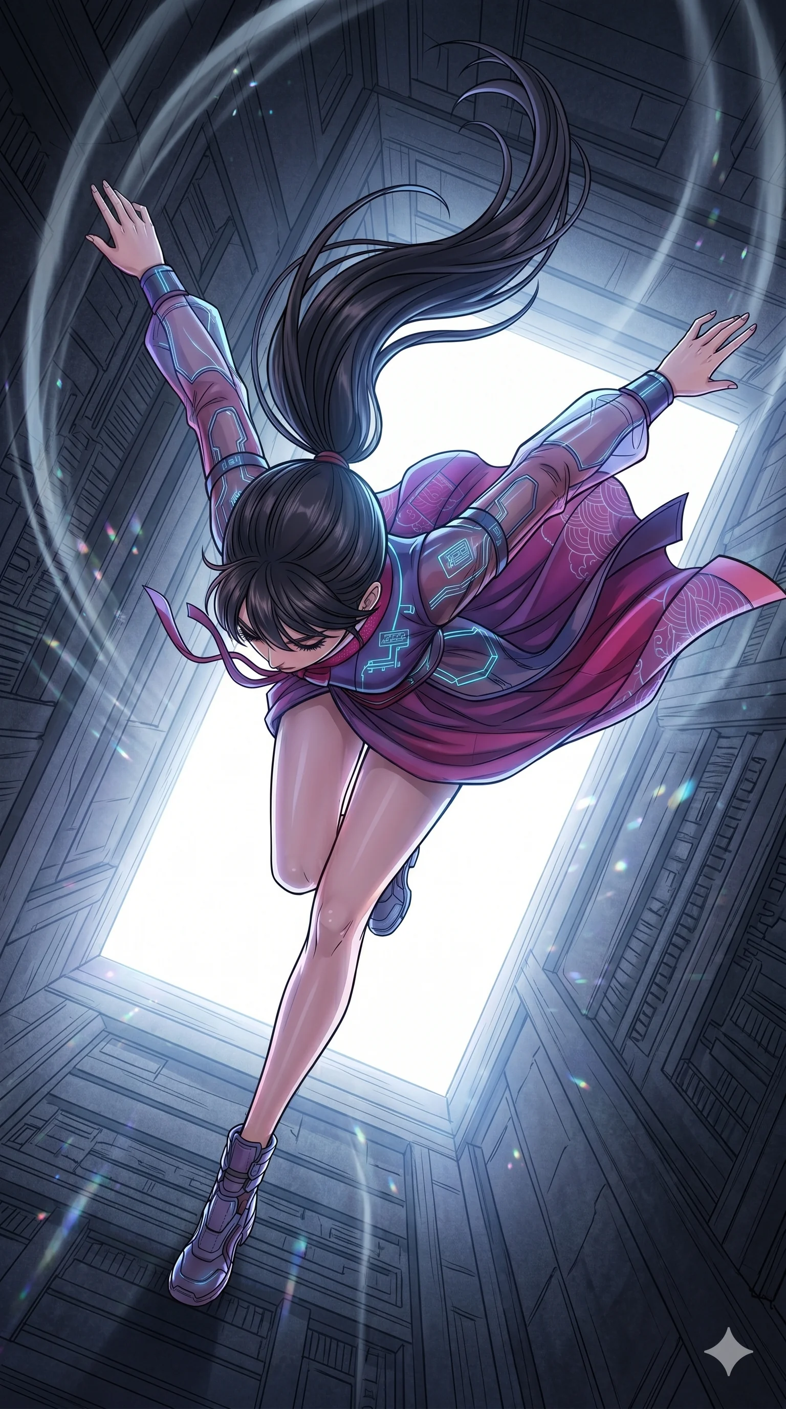 score_9, masterpiece, best quality, ultra-detailed, high-budget anime movie keyframe, cinematic anime lighting, intricate line art, Korean woman. Extreme high angle shot as she leaps towards the camera, filling the frame. looking through a doorway into a world of pure white light. She has an graceful and slender female figure with elegant proportions. strictly human anatomy, two legs only, no extra limbs, clearly defined legs and arms, well-defined anatomy, perfect hands and fingers. sharp v-shaped jawline, high-bridge nose, intricate jewel-like eyes, thick eyelashes, glossy lips. Wearing Modern Traditional: Modernized cyber-hanbok with elegant silk robes and holographic accents. The scene is illuminated by dramatic atmospheric lighting and vibrant color palettes. , 2k, ultra detail, master piece, 9:16 ratio