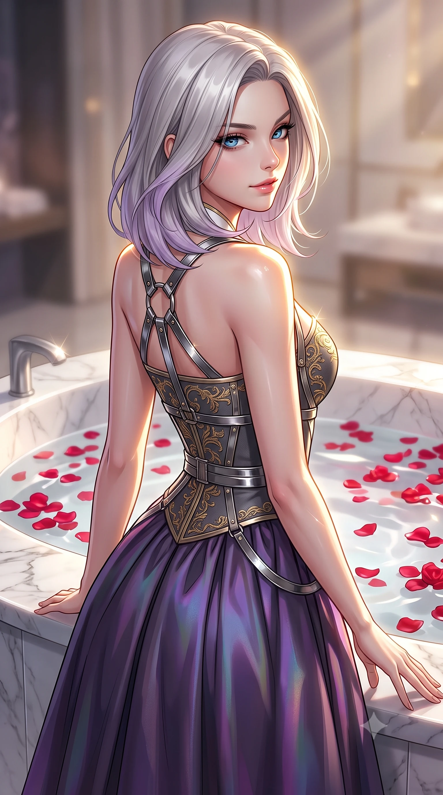 score_9, masterpiece, best quality, ultra-detailed, high-budget anime keyframe, editorial fashion photography, tasteful artistic composition, Caucasian woman. close-up cowboy shot from the waist and thighs up, the character dominates the composition, filling the frame with her large presence, background elements kept in soft focus. Glancing sidelong over her shoulder with a smoldering, enigmatic half-smile, standing beside a sunken white marble spa basin filled with floating red rose petals, sculpted clavicle lines and bare shoulders catching golden rim rays. She has an exceptionally elegant, slender, and willowy female figure with an ultra-slim waist, a gracefully sculpted slender torso, and a refined silhouette. sharp v-shaped jawline, high-bridge nose, intricate jewel-like eyes with depth, thick eyelashes, glossy lips with a natural sheen. wearing modern fusion white hanbok dress with structured gold-embroidered bodice in dark charcoal gray, made of iridescent dark violet taffeta, highlighted by a gunmetal metallic harness structure, the fitted fabric emphasizing her ultra-slim waist. surrounded by a glowing luxury spa aura with sharp specular glints. highly saturated vibrant anime colors, detailed shading with soft gradients, rich glossy textures, high-contrast stereoscopic depth, volumetric dynamic lighting, master piece, 9:16 ratio
