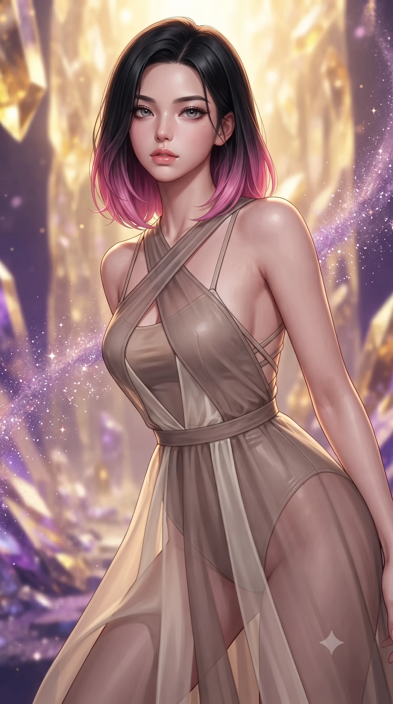 score_9, masterpiece, best quality, ultra-detailed, high-budget anime keyframe, editorial fashion photography, tasteful artistic composition, Korean woman. close-up cowboy shot from the waist and thighs up, the character dominates the composition, filling the frame with her large presence, background elements kept in soft focus. Leaning slightly forward with a composed, seductive gaze under soft glowing light poised before a giant golden fractal waterfall frozen into glass crystals, swirling gusts of fine purple crystal sand shimmering like diamond dust. She has an exceptionally elegant, slender, and willowy female figure with an ultra-slim waist, a gracefully sculpted slender torso, and a refined silhouette. sharp v-shaped jawline, high-bridge nose, intricate jewel-like eyes with depth, thick eyelashes, glossy lips with a natural sheen. wearing a semi-opaque sheer overlay dress over a leather micro-bodysuit in muted taupe and soft ivory, woven from fine semi-opaque sheer organza, complemented by criss-cross back straps highlighting her bare shoulders, the elegant draped fit framing her graceful clavicle and slender torso. illuminated by dramatic golden sunset key light and rich purple ambient fill. highly saturated vibrant anime colors, detailed shading with soft gradients, rich glossy textures, high-contrast stereoscopic depth, volumetric dynamic lighting, master piece, 9:16 ratio