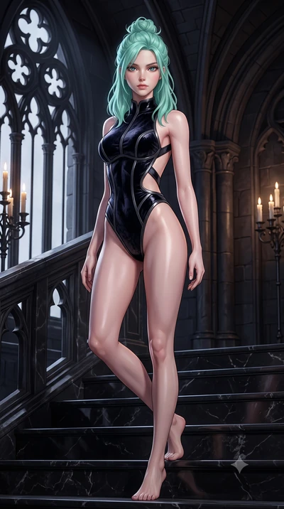 score_9, masterpiece, best quality, ultra-detailed, high-budget anime keyframe, semi-realistic 3D game render, editorial fashion photography, tasteful artistic composition, Japanese woman. low angle full-body shot from head to toe showing her feet, f
