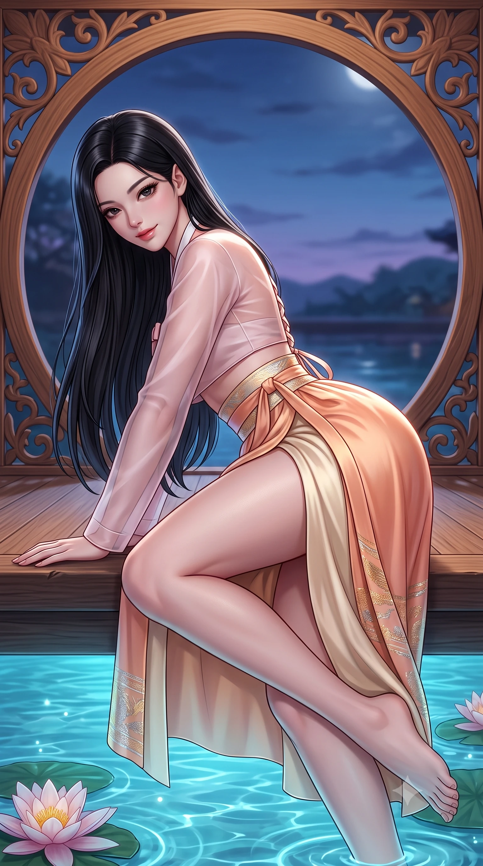 score_9, masterpiece, best quality, ultra-detailed, high-budget anime keyframe, semi-realistic 3D game render, editorial fashion photography, tasteful artistic composition, Korean woman. close-up cowboy shot from the waist and thighs up, the character dominates the composition, filling the frame with her large presence. leaning forward over the carved veranda balustrade while arching her lower back to accentuate her curvy hips, looking into the camera with an enchanting coquettish smile and bedroom-eyes while lounging gracefully across a wooden landing platform propped on one arm, her long slender legs and hourglass curves radiating fantasy allure. The surrounding environment is rendered in vivid detail and crisp panoramic clarity: sharp bridge wooden arch grain, water lily petal venation, and crystal-clear glowing water ripple clarity in deep focus. She has an exceptionally elegant, slender, and willowy female figure with an ultra-slim waist, flat toned midriff, narrow ribcage, and sculpted feminine hips creating an alluring, slim hourglass silhouette without bulk. sharp v-shaped jawline, high-bridge nose, intricate jewel-like dark sparkling almond eyes with depth, thick lashes, glossy parted lips with a natural rose-plum sheen, bright alluring and coquettish smile with bedroom-eyes, exuding both timeless oriental elegance and sovereign high-fashion allure, flawlessly proportioned anatomical accuracy, strict slender model proportions, natural body alignment, perfectly sculpted long slender limbs, ultra-slim waistline, clean dynamic posture without body distortion. wearing a cropped semi-sheer silk organza jeogori top paired with an ultra-high-waisted wrapped chima skirt featuring a dramatic thigh-high side slit in warm peach apricot and soft vanilla silk, woven from metallic gold and silver thread casting subtle starlight glints, finished with criss-cross back satin laces tracing her slender spine, the high-waisted wrap tailoring accentuating her ultra-slim waistline and the enchanting curve of her feminine hips with alluring oriental charm. illuminated by soft moonlight and sharp platinum rim lights defining her sculpted collarbones, ultra-slim waist, and curvy hips. highly saturated vibrant anime colors, detailed shading with soft gradients, rich glossy textures, high-contrast stereoscopic depth, volumetric dynamic lighting, master piece, 9:16 ratio