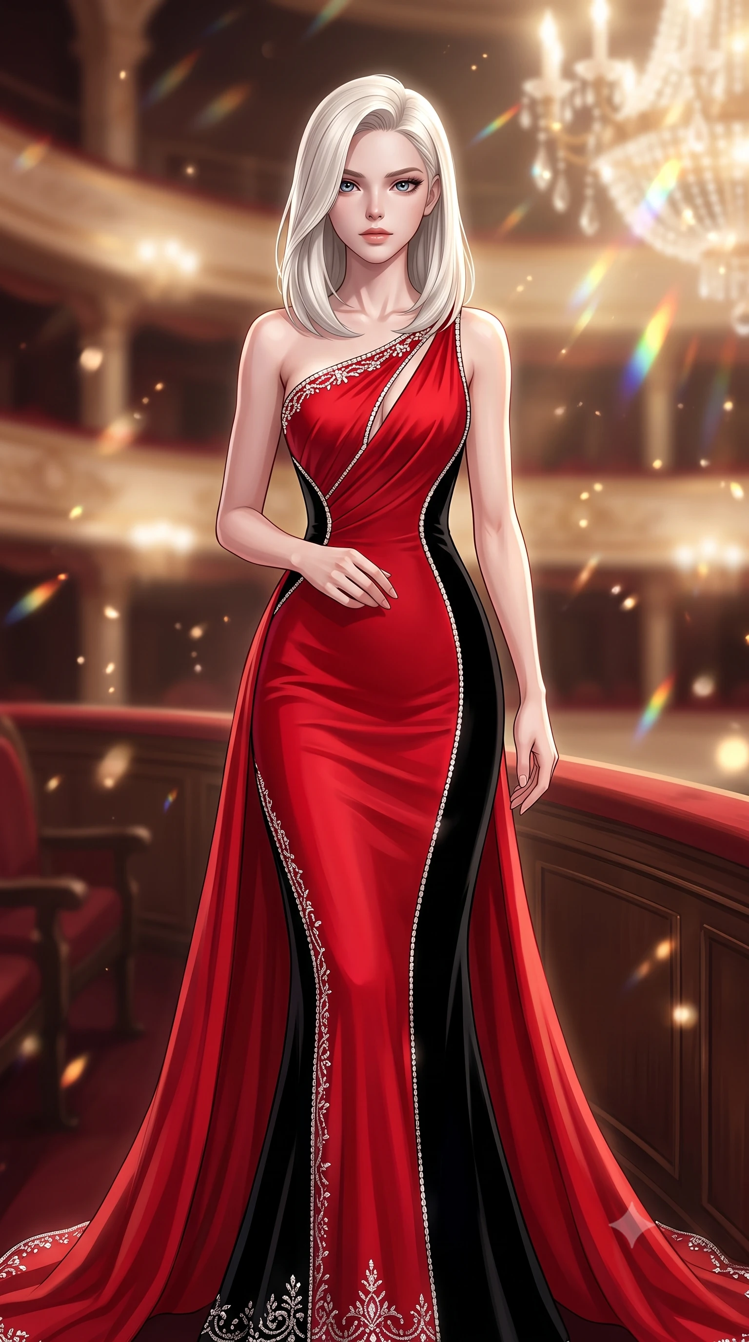 score_9, masterpiece, best quality, ultra-detailed, high-budget anime keyframe, semi-realistic 3D game render, editorial fashion photography, tasteful artistic composition, Caucasian woman. close-up cowboy shot from the waist and thighs up, the character dominates the composition, filling the frame with her large presence. holding her hands loosely in front with regal, aristocratic poise, radiating an overwhelming high-society aura while stepping along the private opera loge walkway with sweeping couture elegance and magnetic charisma. The composition keeps background elements in soft focus with creamy bokeh. shimmering chandelier prism refractions scattering warm champagne light motes across the royal theater. She has an exceptionally elegant, slender, and willowy female figure with an ultra-slim waist, a gracefully sculpted slender torso, toned flat midriff, and a refined slim silhouette. sharp v-shaped jawline, high-bridge nose, intricate jewel-like eyes with depth, thick eyelashes, glossy lips with a natural sheen, captivating and magnetic expression, flawlessly proportioned anatomical accuracy, strict slender model proportions, natural body alignment, perfectly sculpted long slender limbs, ultra-slim waistline, clean dynamic posture without body distortion. wearing an asymmetric one-shoulder silk chiffon red-carpet gown with a sweeping flowing train in high-contrast black velvet and diamond crystal trim, tailored from liquid silk jersey adhering flawlessly to her slender build, finished with delicate crystal embroidery along the neckline and hem, the sleek tailored cut tightly hugging her graceful clavicle, narrow waist, and feminine curves with statuesque precision. illuminated by crisp directional key light defining her razor-sharp jawline and ultra-slim waist. highly saturated vibrant anime colors, detailed shading with soft gradients, rich glossy textures, high-contrast stereoscopic depth, volumetric dynamic lighting, master piece, 9:16 ratio