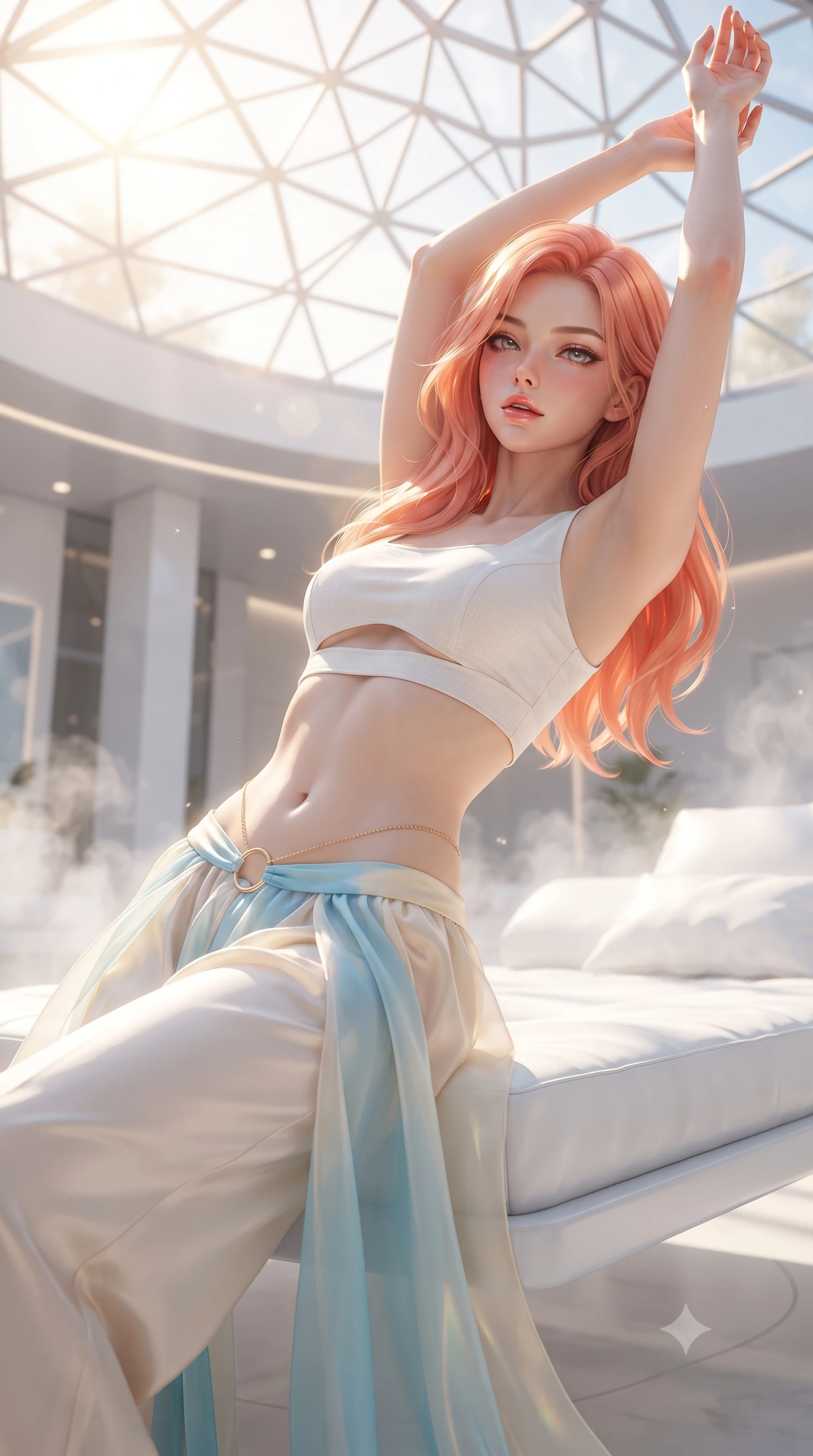 score_9, masterpiece, best quality, ultra-detailed, high-budget anime keyframe, editorial fashion photography, tasteful artistic composition, Japanese woman. close-up cowboy shot from the waist and thighs up, the character dominates the composition, filling the frame with her large presence. arching her back languidly with arms stretching overhead, highlighting her narrow waist and feminine silhouette in pure supermodel elegance while stretching her slender body on a floating white porcelain daybed beneath a geometric glass dome, arching her back with arms raised. The composition keeps background elements in soft focus with creamy bokeh. sleek white architecture and ambient vapor mist softened in bright dreamy shallow focus. She has an exceptionally elegant, slender, and willowy female figure with an ultra-slim waist, a gracefully sculpted slender torso, toned flat midriff, and a refined slim silhouette. sharp v-shaped jawline, high-bridge nose, intricate jewel-like eyes with depth, thick eyelashes, glossy parted lips with a natural sheen, intensely captivating and seductive expression, flawlessly proportioned anatomical accuracy, strict slender model proportions, natural body alignment, perfectly sculpted long slender limbs, ultra-slim waistline, clean dynamic posture without body distortion. wearing an architectural white linen crop top paired with low-slung flowing silk palazzo pants and a gold ring belt in sky azure and soft sunlight cream, crafted from weightless prism organza that refracts light with every motion, accented with an ultra-slim golden waist chain accentuating her flat midriff, the precision-cut architectural openings accentuating her delicate midriff, graceful bare collarbones, and feminine curves with statuesque precision. bathed in glorious golden hour sunlight streaming through the solar glass ceiling. ultra-reflective glossy finish, specular highlights, rich textural contrasts, high-contrast stereoscopic depth, volumetric dynamic lighting, 2k, ultra detail, master piece, 9:16 ratio