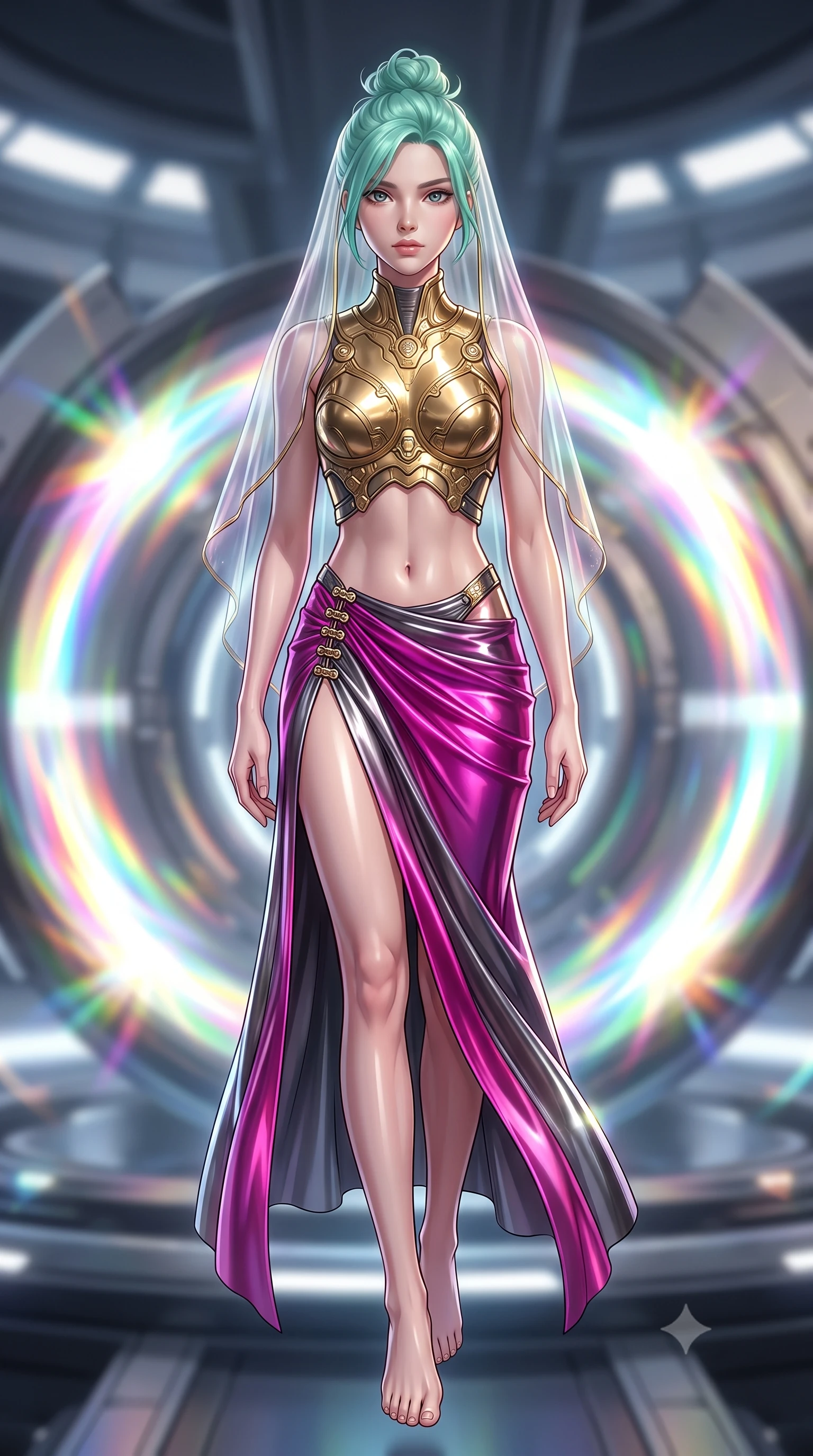 score_9, masterpiece, best quality, ultra-detailed, high-budget anime keyframe, editorial fashion photography, tasteful artistic composition, Japanese woman. low angle full-body shot from head to toe showing her feet, filling the entire 9:16 vertical frame with her statuesque presence, stretching her vertical silhouette. striding forward with commanding supermodel grace, her 8.5-heads statuesque silhouette dominating the vertical frame from head to toe while floating in zero-gravity at the core of a starship warp engine as gigantic rotating magnetic rings emit dazzling prism light. The composition keeps background elements in soft focus with creamy bokeh. rotating magnetic containment rings and starship bridge architecture softened in smooth depth of field. She has an absolutely perfect, statuesque 8.5-heads proportion, an exceptionally tall and slender model-like female figure with impossibly long slender legs, a toned flat midriff, and an ultra-slim waist. sharp v-shaped jawline, high-bridge nose, intricate jewel-like eyes with depth, thick eyelashes, glossy lips with a natural sheen, flawlessly proportioned anatomical accuracy, strict slender model proportions, natural body alignment, perfectly sculpted long slender limbs, ultra-slim waistline, clean dynamic posture without body distortion. wearing an ethereal translucent cyber-veil paired with a sculpted golden mechanical cuirass and high-fashion draped silk skirt in vibrant electric magenta and ultra-reflective dark titanium, made of liquid jersey fabric that clings flawlessly to every contour of her build, finished with an ultra-high side slit secured by miniature magnetic clasps, the liquid-tight tailored fabric emphasizing every curve of her tall, slender model proportions and sculptured silhouette during dynamic movement. illuminated by intense directional rim lights sharply defining her ultra-slim waist, long legs, and flat midriff. ultra-reflective glossy finish, specular highlights, dark metallic sheen, high-contrast stereoscopic depth, volumetric dynamic lighting, 2k, ultra detail, master piece, 9:16 ratio