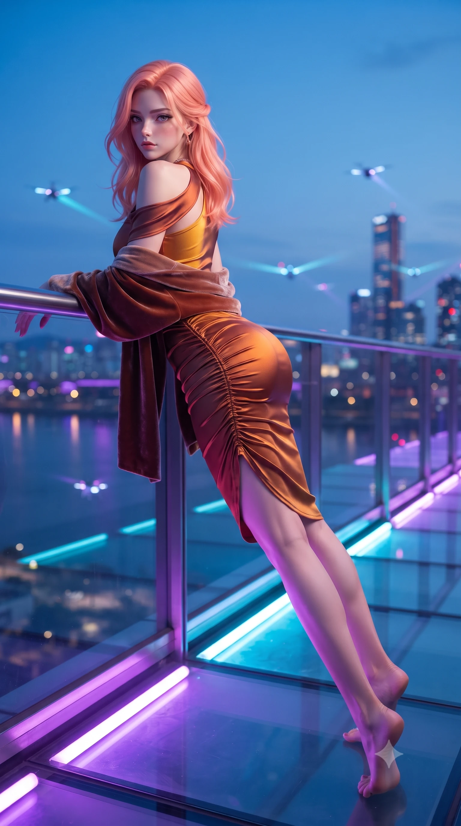 score_9, masterpiece, best quality, ultra-detailed, high-budget anime keyframe, editorial fashion photography, tasteful artistic composition, Japanese woman. low angle full-body shot from head to toe showing her feet, filling the entire 9:16 vertical frame with her statuesque presence, stretching her vertical silhouette. executing an elegant mid-motion pivot turn as garments swirl around her slender limbs, glancing over her shoulder with an intoxicating bedroom-gaze while reclining gracefully along an illuminated smart-composite bench within the glass skybridge, arching her slender spine to display her curvaceous hips against the panoramic neon haze. The composition keeps background elements in soft focus with creamy bokeh. glowing Han River water reflections and flying drone transit light ribbons blurred into vivid cobalt, violet, and electric amber bokeh. She has an exceptionally tall and slender model-like 8.5-heads proportion, an ultra-slim waist, a flat toned midriff, narrow delicate ribcage, and beautifully sculpted feminine hips creating a graceful, slim hourglass silhouette without any bulky heaviness, with impossibly long slender legs. sharp v-shaped jawline, high-bridge nose, intricate jewel-like eyes with depth, thick eyelashes, glossy parted lips with a natural sheen, intensely captivating and seductive bedroom-eyes expression, flawlessly proportioned anatomical accuracy, strict slender model proportions, natural body alignment, perfectly sculpted long slender limbs, ultra-slim waistline, clean dynamic posture without body distortion. wearing a form-contouring cocktail dress with an asymmetrical open shoulder and hip-defining ruching in rich copper bronze and warm amber, tailored from liquid silk jersey adhering flawlessly to her slender build, complemented by a plush velvet shawl draped loosely over her elbows, the form-contouring material adhering flawlessly to her sculpted flat midriff and slender torso, emphasizing her long leg lines and perfectly proportioned willowy build. bathed in vibrant violet and cyan neon underlights contrasting with cool blue hour ambient sky fill. ultra-reflective glossy finish, specular highlights, rich textural contrasts, high-contrast stereoscopic depth, volumetric dynamic lighting, 2k, ultra detail, master piece, 9:16 ratio