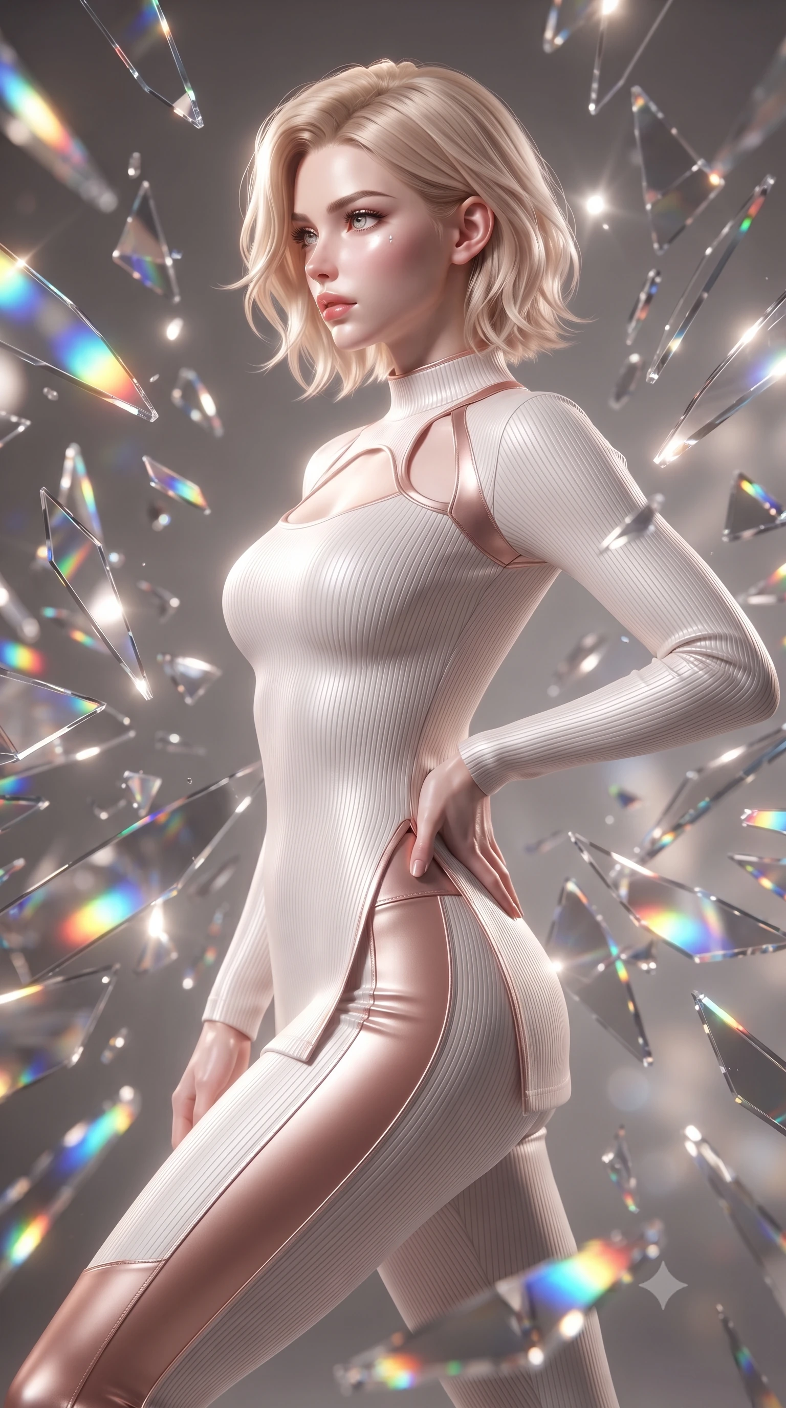 score_9, masterpiece, best quality, ultra-detailed, high-budget anime keyframe, editorial fashion photography, tasteful artistic composition, Caucasian woman. close-up cowboy shot from the waist and thighs up, the character dominates the composition, filling the frame with her large presence, background elements kept in soft focus. Holding a powerful dynamic pose with one hand on her hip and body angled dramatically toward the key light while turning in a sharp dynamic profile while surrounded by rotating shattered mirror shards, shattered mirror shards scattering brilliant rainbow reflections everywhere. She has an exceptionally elegant, slender, and willowy female figure with an ultra-slim waist, a gracefully sculpted slender torso, and a refined silhouette. sharp v-shaped jawline, high-bridge nose, intricate jewel-like eyes with depth, thick eyelashes, glossy lips with a natural sheen, flawlessly proportioned anatomical accuracy, natural body alignment, perfectly sculpted elegant limbs, clean dynamic posture without body distortion. wearing a form-fitting ribbed activewear set with elegant collar cutouts in pearl white and rose gold, crafted from smooth liquid silk, finished with a sleek side slit ascending to mid-thigh, the sleek second-skin texture accentuating her magnetic presence. illuminated by high-contrast studio spotlights with sharp specular highlights. ultra-reflective glossy finish, specular highlights, metallic sheen, high-contrast stereoscopic depth, volumetric dynamic lighting, 2k, ultra detail, master piece, 9:16 ratio
