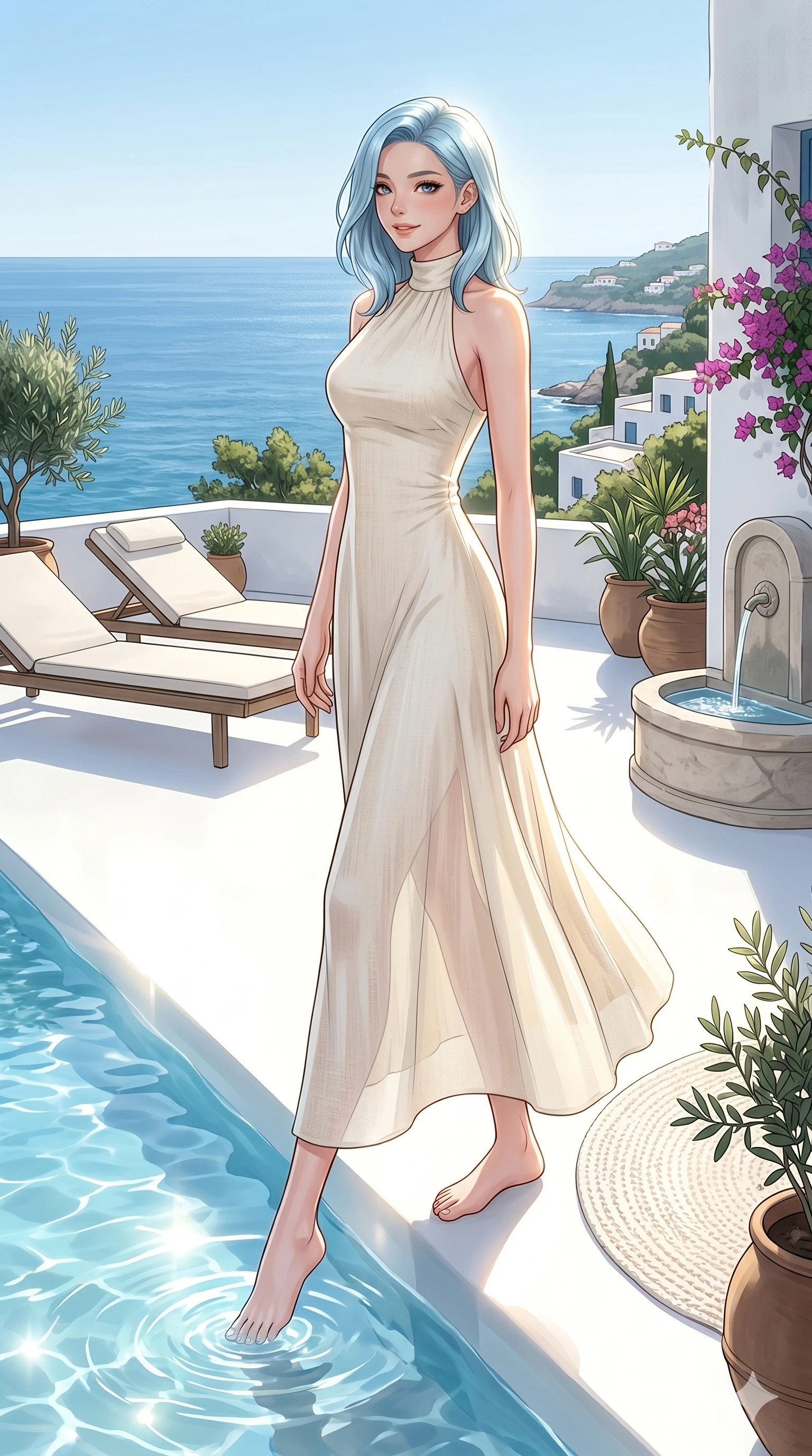 score_9, masterpiece, best quality, ultra-detailed, high-budget anime keyframe, editorial fashion photography, tasteful artistic composition, Korean woman. low angle full-body shot from head to toe showing her feet, filling the entire 9:16 vertical frame with her statuesque presence, stretching her vertical silhouette. dipping her toes in the cool stream, looking over her shoulder with a relaxed, happy expression on a private sun-drenched deck of a luxury resort villa overlooking the Mediterranean Sea (Code-P19-003). She has an absolutely perfect 8-heads proportion, an exceptionally tall and slender female figure with impossibly long slender legs and an ultra-slim waist. V-shaped jawline, high-bridge nose, intricate jewel-like eyes with depth, thick eyelashes, glossy lips with a natural sheen. wearing a modern high-neck sleeveless resort maxi gown in cream linen with a flowing ankle-length hem. illuminated by bright, direct sunlight reflecting off the white sand, creating a luminous glow. 2k, ultra detail, master piece, 9:16 ratio