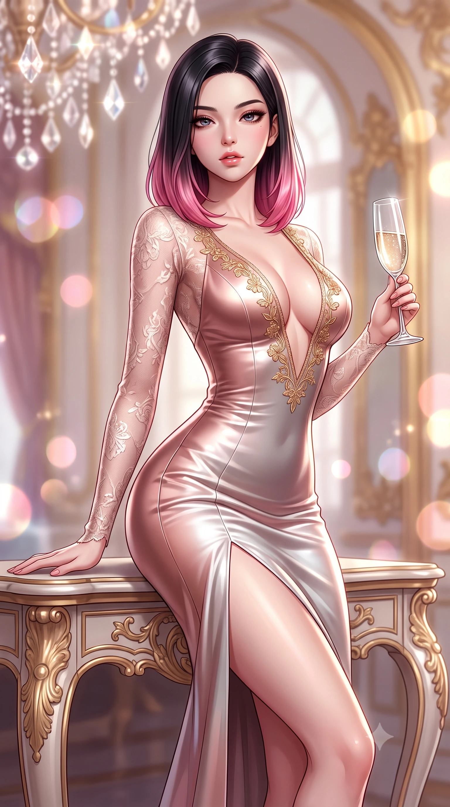score_9, masterpiece, best quality, ultra-detailed, high-budget anime keyframe, semi-realistic 3D game render, editorial fashion photography, tasteful artistic composition, Korean woman. close-up cowboy shot from the waist and thighs up, the character dominates the composition, filling the frame with her large presence. arching her spine backward with effortless dancer poise, one hand sliding along her hip line as directional light carves specular highlights along her silhouette while perching on an ornate rococo console table with hips cocked to one side, holding a crystal champagne glass with effortless sovereign allure. The composition keeps background elements in soft focus with creamy bokeh. infinite crystal chandelier prisms and gilded mirror arches blurred into radiant diamond, pastel rose, and gold-leaf bokeh. She has an exceptionally elegant, slender, and willowy female figure with an ultra-slim waist, a gracefully sculpted slender torso, toned flat midriff, and rounded feminine hips creating an alluring hourglass silhouette. sharp v-shaped jawline, high-bridge nose, intricate jewel-like eyes with depth, thick eyelashes, glossy parted lips with a natural sheen, intensely captivating and seductive bedroom-eyes expression, flawlessly proportioned anatomical accuracy, strict slender model proportions, natural body alignment, perfectly sculpted long slender limbs, ultra-slim waistline, clean dynamic posture without body distortion. wearing a deep-V plunge rococo evening gown with delicate sheer lace sleeves and thigh-high side slit in antique rose gold and shimmering silver, tailored from ultra-smooth duchess satin with a pearlescent courtly sheen, finished with delicate golden floral embroidery outlining the plunging neckline, the liquid-tight tailored fabric clinging flawlessly to her narrow waist and rounded feminine hips, emphasizing every millimeter of her sculpted hourglass curves during movement. surrounded by an aristocratic, scandalous, and breathlessly mesmerizing imperial duchess aura. highly saturated vibrant anime colors, detailed shading with soft gradients, rich glossy textures, high-contrast stereoscopic depth, volumetric dynamic lighting, master piece, 9:16 ratio