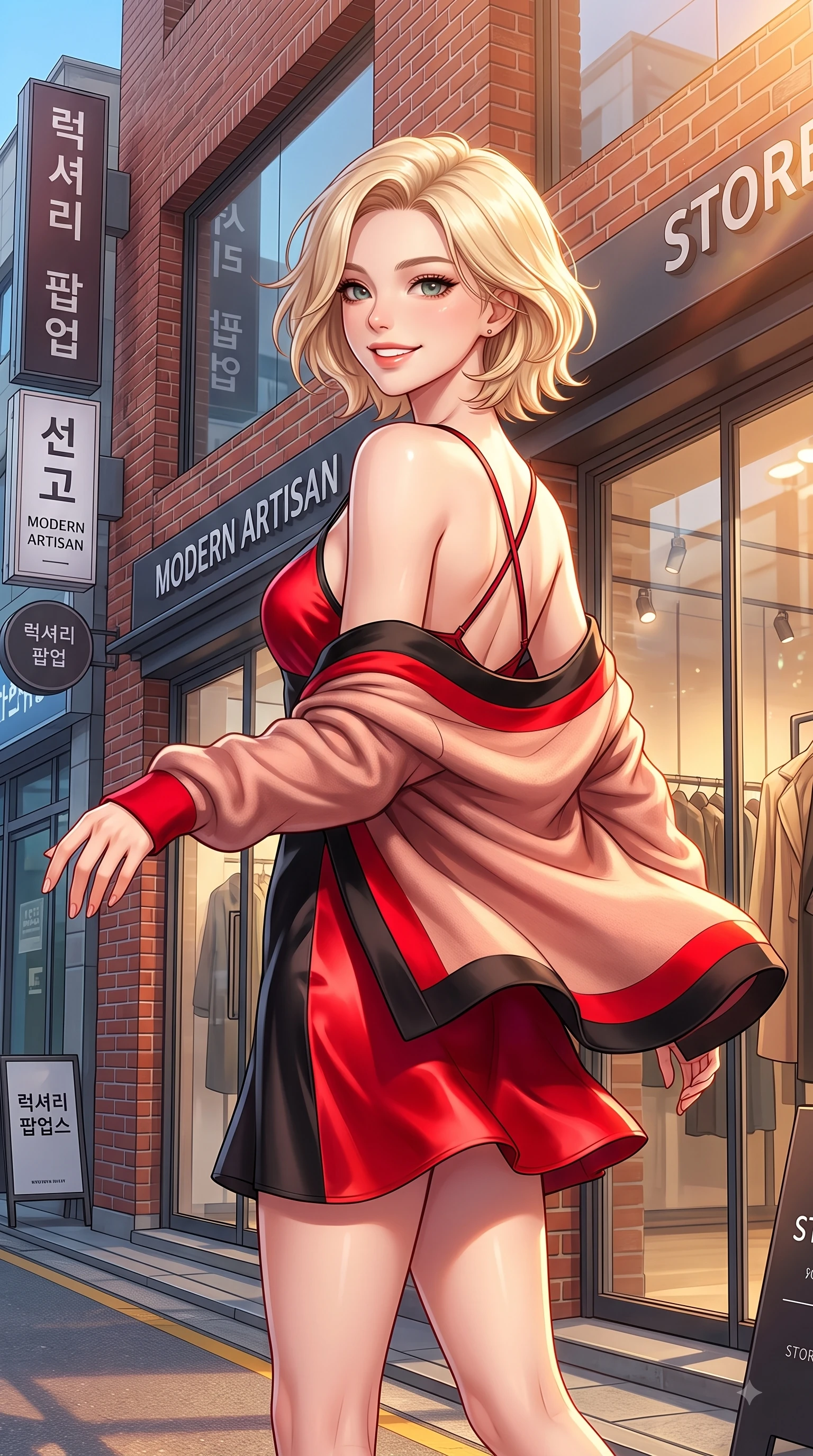 score_9, masterpiece, best quality, ultra-detailed, high-budget anime keyframe, editorial fashion photography, tasteful artistic composition, Caucasian woman. close-up cowboy shot from the waist and thighs up, the character dominates the composition, filling the frame with her large presence. Fresh enchanting smile, her eyes twinkling like jewels in the bright sunlight as one arm reaches out cheerfully while pivoting gracefully outside a luxury fashion popup store with a captivating bright smile. The surrounding environment is rendered in vivid detail and crisp panoramic clarity. vibrant Seongsu boutique storefronts, brick facade textures, and modern glass windows in sharp clarity. She has an exceptionally elegant, slender, and willowy female figure with an ultra-slim waist, a gracefully sculpted slender torso, and a refined silhouette. sharp v-shaped jawline, high-bridge nose, intricate jewel-like eyes with depth, thick eyelashes, glossy lips with a natural sheen, flawlessly proportioned anatomical accuracy, natural body alignment, perfectly sculpted elegant limbs, clean dynamic posture without body distortion. wearing a glossy satin slip dress layered under a soft cashmere cardigan in vibrant scarlet red and sleek black trim, crafted from lightweight fluid chiffon, finished with delicate criss-cross back straps highlighting her bare shoulders, the form-contouring material highlighting her ultra-slim waist and long lines. bathed in brilliant golden hour sunshine and warm urban ambient illumination. highly saturated vibrant anime colors, detailed shading with soft gradients, rich glossy textures, high-contrast stereoscopic depth, volumetric dynamic lighting, master piece, 9:16 ratio