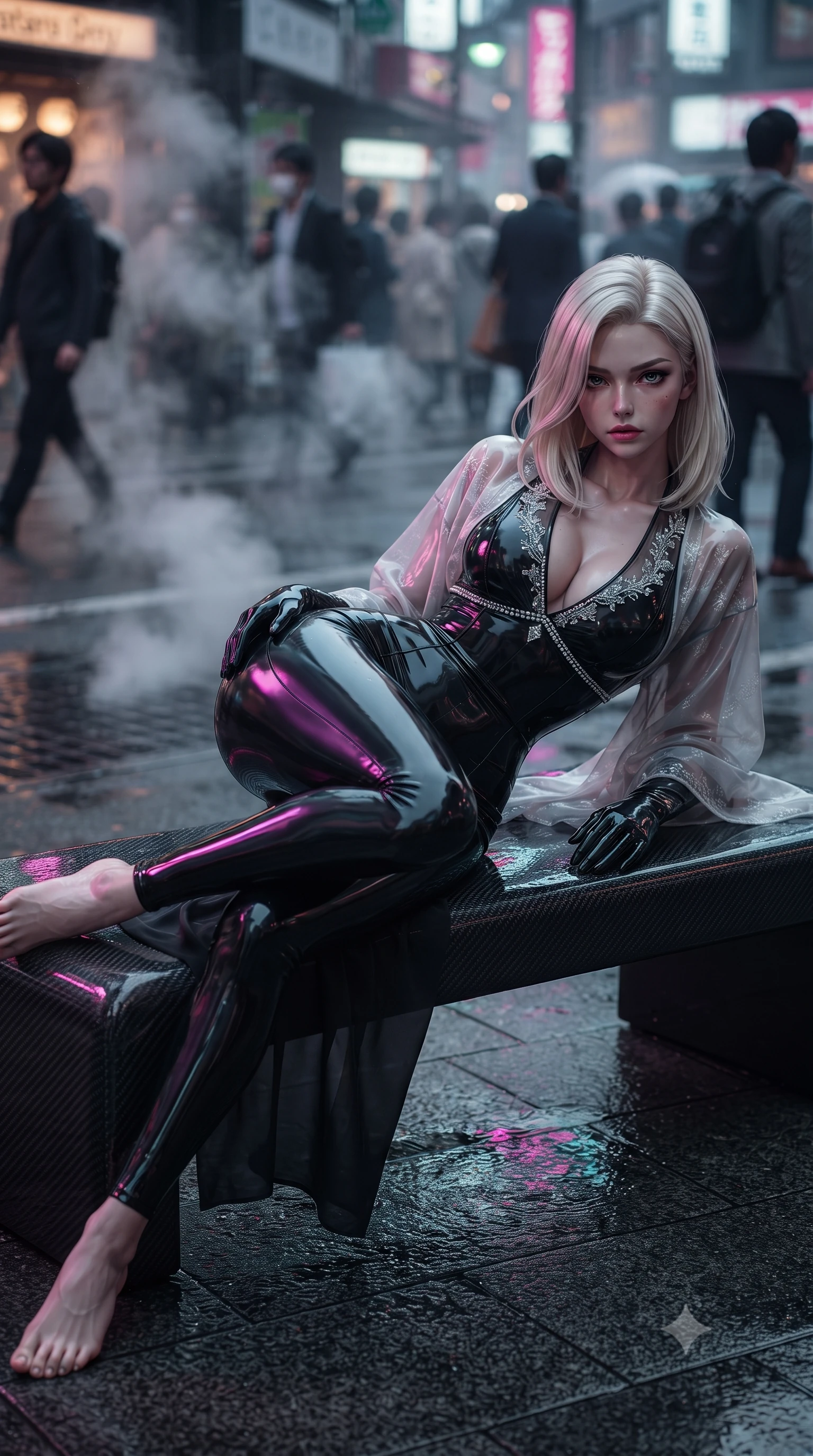 score_9, masterpiece, best quality, ultra-detailed, high-budget anime keyframe, editorial fashion photography, tasteful artistic composition, Caucasian woman. low angle full-body shot from head to toe showing her feet, filling the entire 9:16 vertical frame with her statuesque presence, stretching her vertical silhouette. reclining on her side in an elegant Cleopatra pose with one knee drawn up, the dramatic contour of her rounded hips and long slender legs commanding the 9:16 vertical frame while reclining casually on a carbon-fiber outdoor bench propped on one elbow, her narrow waist and rounded curves sculpted by electric magenta and cyan reflections. The composition keeps background elements in soft focus with creamy bokeh. steaming street grates and passing cyberpunk transit pedestrians softened in moody Tokyo shallow focus. She has an exceptionally tall and slender model-like 8.5-heads proportion, an ultra-slim waist, a flat toned midriff, narrow delicate ribcage, and beautifully sculpted feminine hips creating a graceful, slim hourglass silhouette without any bulky heaviness, with impossibly long slender legs. sharp v-shaped jawline, high-bridge nose, intricate jewel-like eyes with depth, thick eyelashes, glossy parted lips with a natural sheen, intensely captivating and seductive bedroom-eyes expression, flawlessly proportioned anatomical accuracy, strict slender model proportions, natural body alignment, perfectly sculpted long slender limbs, ultra-slim waistline, clean dynamic posture without body distortion. wearing a delicate semi-translucent silk yukata that clings to her wet skin and curvy hip contours in pitch-black velvet with diamond crystal trim, tailored from second-skin aerodynamic stretch vinyl with specular wet sheen, finished with delicate crystal frost embroidery tracing the plunging neckline, the glove-like aerodynamic silhouette tightly following the natural contour of her hips and long slender legs with statuesque 8.5-heads elegance. illuminated by wet ground specular reflections accentuating her sculpted midriff, narrow waist, and curvy hips. ultra-reflective glossy finish, specular highlights, rich textural contrasts, high-contrast stereoscopic depth, volumetric dynamic lighting, 2k, ultra detail, master piece, 9:16 ratio