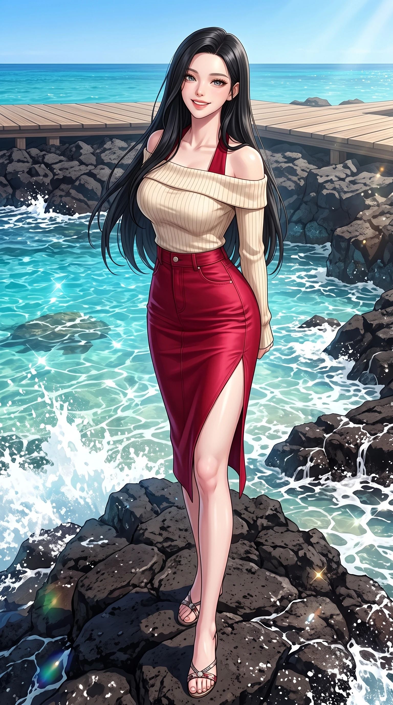 score_9, masterpiece, best quality, ultra-detailed, high-budget anime keyframe, editorial fashion photography, tasteful artistic composition, Korean woman. low angle full-body shot from head to toe showing her feet, filling the entire 9:16 vertical frame with her statuesque presence, stretching her vertical silhouette. pivoting dynamically with a fresh infectious smile, her ultra-slim waist creating a sweeping fluid curve while pivoting gracefully on dark volcanic basalt rocks as clear turquoise ocean waves lap nearby. The surrounding environment is rendered in vivid detail and crisp panoramic clarity. vibrant sea foam crests, wooden boardwalk planks, and crisp blue sky captured in high clarity. She has an absolutely perfect, statuesque 8.5-heads proportion, an exceptionally tall and slender model-like female figure with impossibly long slender legs and an ultra-slim waist. sharp v-shaped jawline, high-bridge nose, intricate jewel-like eyes with depth, thick eyelashes, glossy lips with a natural sheen, flawlessly proportioned anatomical accuracy, natural body alignment, perfectly sculpted elegant limbs, clean dynamic posture without body distortion. wearing a sleek off-shoulder ribbed sweater paired with a high-waisted fitted denim pencil skirt in vivid crimson red and champagne cream, crafted from smooth liquid silk satin, featuring a sleek side leg slit ascending to mid-thigh, the form-contouring material highlighting her ultra-slim waist and long lines. bathed in bright tropical sunshine and glittering ocean water refractions. highly saturated vibrant anime colors, detailed shading with soft gradients, rich glossy textures, high-contrast stereoscopic depth, volumetric dynamic lighting, master piece, 9:16 ratio