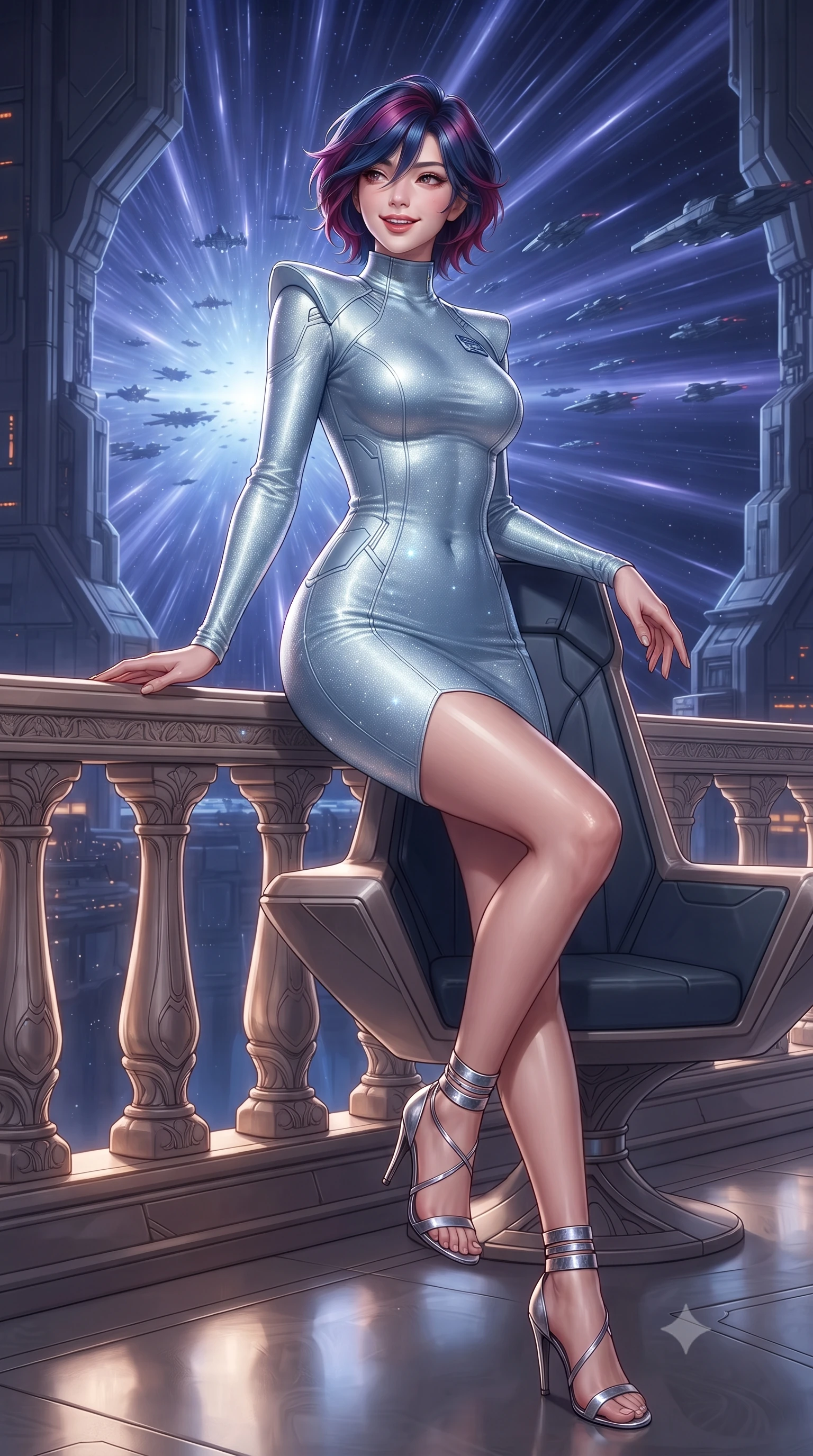 score_9, masterpiece, best quality, ultra-detailed, high-budget anime keyframe, editorial fashion photography, tasteful artistic composition, Korean woman. low angle full-body shot from head to toe showing her feet, filling the entire 9:16 vertical frame with her statuesque presence, stretching her vertical silhouette. leaning deep against the balcony balustrade with hips cocked back in an unapologetically alluring high-fashion stance, casting an intoxicating glance while sitting gracefully on the ergonomic admiral throne with legs crossed, flashing an enchanting smile with parted glossy lips as hundred-ship armadas warp into deep space. The surrounding environment is rendered in vivid detail and crisp panoramic clarity: detailed tactical gown tailoring, futuristic rank insignia, and monumental interstellar starship architecture in high resolution. She has an exceptionally tall and slender model-like 8.5-heads proportion, an ultra-slim waist, a flat toned midriff, narrow delicate ribcage, and beautifully sculpted feminine hips creating a graceful, slim hourglass silhouette without any bulky heaviness, with impossibly long slender legs. sharp v-shaped jawline, high-bridge nose, intricate jewel-like sparkling eyes with depth, thick eyelashes, glossy parted lips with a natural peach sheen, bright cheerful beaming smile with an enchanting and coquettish sensual glint, exuding both youthful cute charm and seductive allure, flawlessly proportioned anatomical accuracy, strict slender model proportions, natural body alignment, perfectly sculpted long slender limbs, ultra-slim waistline, clean dynamic posture without body distortion. wearing a body-hugging liquid mercury jersey combat gown with high mock neck and structured shoulder pads clinging flawlessly to her silhouette in arctic cryo-glacier ice blue and platinum white, woven from stretch metallic lurex jersey casting radiant starlight glints across her curves, complemented by strappy stiletto sandals with metallic ankle wraps accentuating her slender calves, the form-contouring silhouette accentuating her sculpted flat midriff, narrow delicate ribcage, and gracefully curvy hips with intoxicating allure. bathed in the mystical indigo luminescence of the hyperspace gate mixed with warm 2800K balcony edge lighting. ultra-reflective glossy finish, specular highlights, rich textural contrasts, high-contrast stereoscopic depth, volumetric dynamic lighting, 2k, ultra detail, master piece, 9:16 ratio