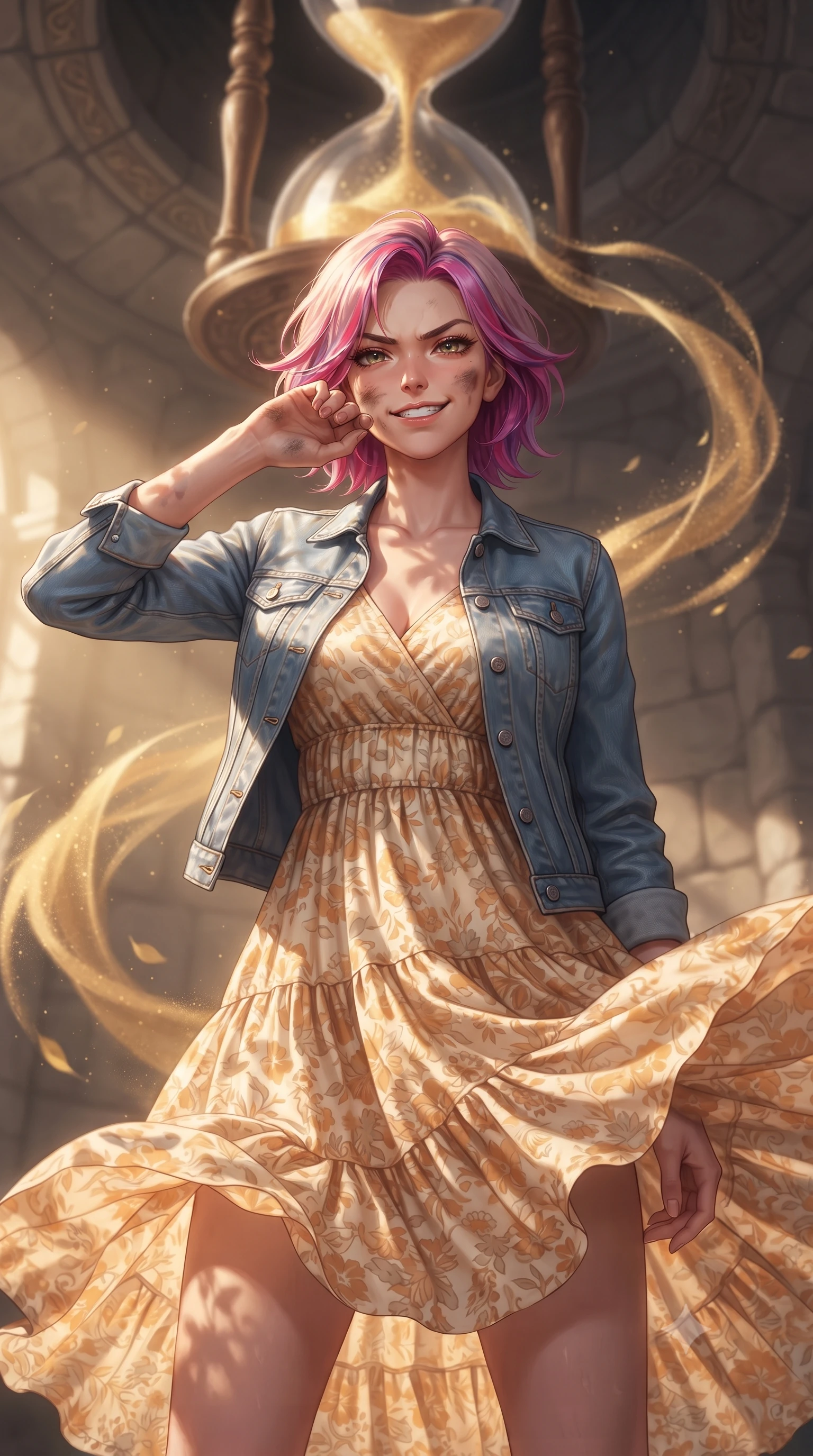 score_9, masterpiece, best quality, ultra-detailed, high-budget anime keyframe, editorial fashion photography, tasteful artistic composition, realistic cosplay photography, Caucasian woman, strictly human ears. close-up cowboy shot from the waist and thighs up, the character dominates the composition, filling the frame with her large presence, background elements kept in soft focus. Wiping a smudge of dust from her cheek with a confident, defiant grin. set against a soft-focus background of a stone chamber with a massive hourglass in the ceiling, glowing gold sand pouring down and floating in ribbons. She has an exceptionally elegant and slender, willowy female figure with an ultra-slim waist, a gracefully sculpted slender torso, and a refined slim physique. sharp v-shaped jawline, high-bridge nose, intricate jewel-like eyes with depth, thick eyelashes, glossy lips with a natural sheen. wearing the lightweight fabric rippling and billowing dramatically with her movement, a tailored tailored light blue denim jacket over a tiered cotton maxi dress in a warm cream and apricot floral print. warm golden afternoon sunbeams casting soft organic leaf shadows across her skin. ultra-reflective glossy finish, specular highlights, metallic sheen, high-contrast stereoscopic depth, volumetric dynamic lighting, 2k, ultra detail, master piece, 9:16 ratio