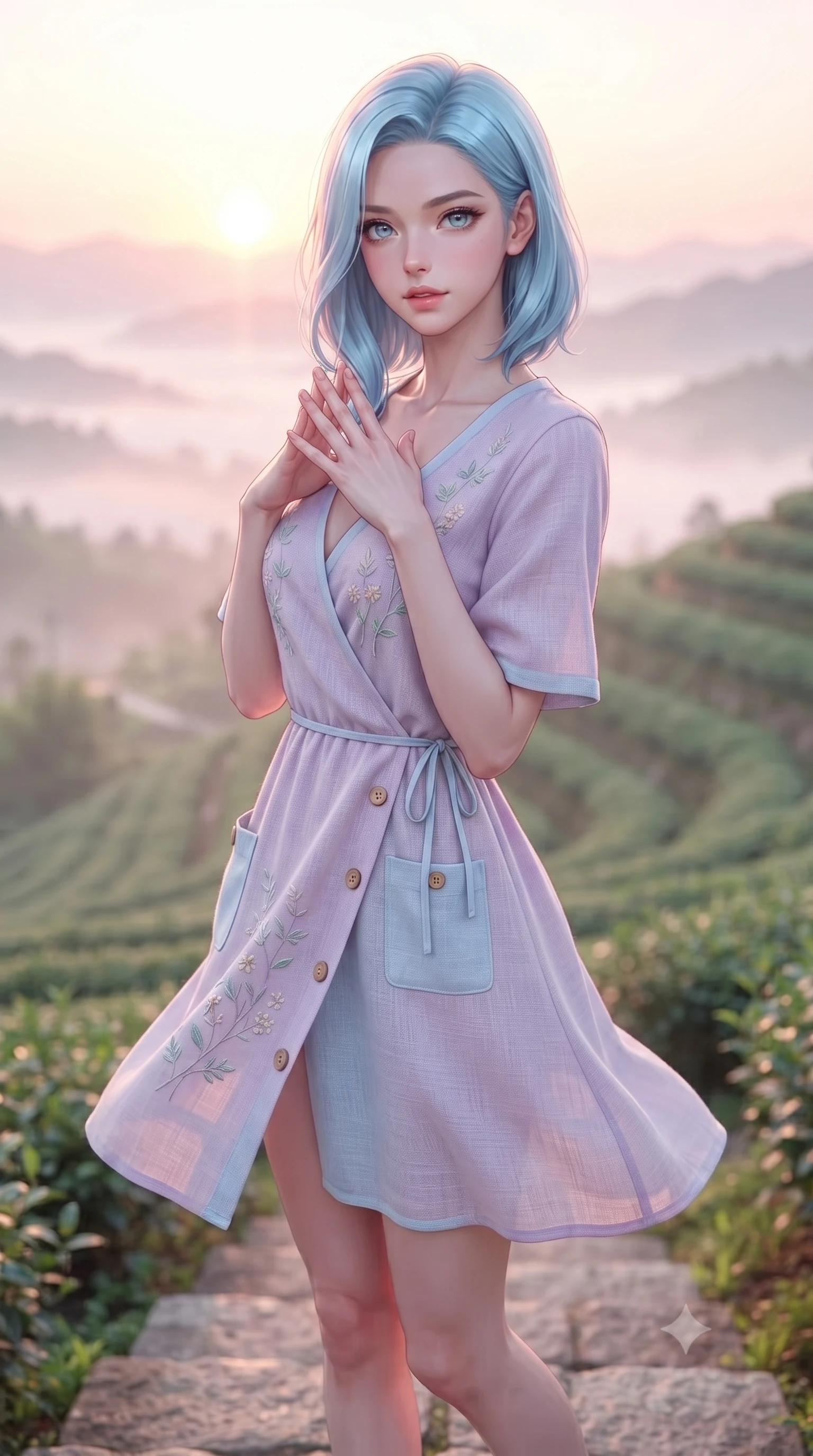 score_9, masterpiece, best quality, ultra-detailed, high-budget anime keyframe, editorial fashion photography, tasteful artistic composition, Korean woman. close-up cowboy shot from the waist and thighs up, the character dominates the composition, filling the frame with her large presence. holding her hands loosely near her heart with an enchanting, affectionate gaze looking directly into the lens while pivoting dynamically on a stone garden step as the first rays of morning sun break over the emerald tea terraces. The composition keeps background elements in soft focus with creamy bokeh. curling morning mist layers and terraced emerald tea ridges blurred into soft pastel green and golden dawn bokeh. She has an exceptionally elegant, slender, and willowy female figure with an ultra-slim waist, a gracefully sculpted slender torso, toned flat midriff, and a refined slim silhouette. sharp v-shaped jawline, high-bridge nose, intricate jewel-like eyes with depth, thick eyelashes, glossy lips with a natural sheen, pure and lovely fresh girlhood expression, flawlessly proportioned anatomical accuracy, strict slender model proportions, natural body alignment, perfectly sculpted long slender limbs, ultra-slim waistline, clean dynamic posture without body distortion. wearing a romantic wrap-style linen sundress with subtle botanical embroidery and a dainty waist tie in soft pastel lavender and delicate sky blue, knitted from ultra-soft cozy baby-cashmere yarn, finished with neat natural wooden buttons and patch pocket details, the breezy lightweight fabric fluttering softly against her delicate collarbones, narrow waist, and feminine curves. bathed in soft pastel pink and golden dawn sunrise light breaking through rolling morning mist. ultra-reflective glossy finish, specular highlights, rich natural textures, high-contrast stereoscopic depth, volumetric dynamic lighting, 2k, ultra detail, master piece, 9:16 ratio