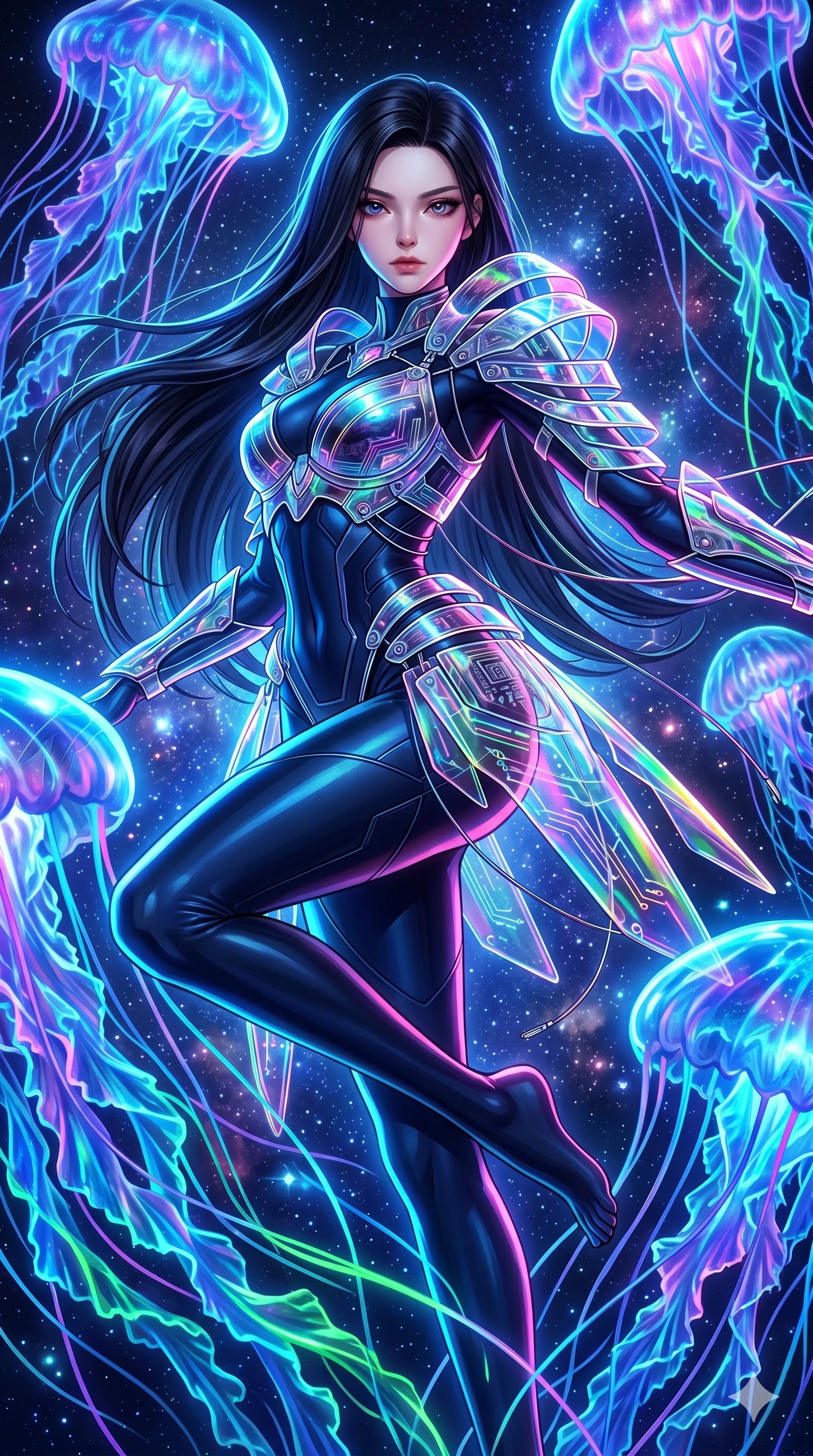 score_9, masterpiece, best quality, ultra-detailed, high-budget anime keyframe, Korean woman. upper body close-up from the thighs up, character filling the screen for maximum presence. swirling gracefully among the glowing ribbon-like tentacles of giant bioluminescent jellyfish floating in a starry sky garden. She has an absolutely perfect 8-heads proportion, an exceptionally tall and slender female figure with impossibly long slender legs and an ultra-slim waist. V-shaped jawline, high-bridge nose, intricate jewel-like eyes with depth, thick eyelashes, glossy lips with a natural sheen.. wearing a holographic ribbon shell armor, featuring thin iridescent plates linked by wire straps over a sleek structured base layer. bathed in brilliant cinematic volumetric lighting and intense neon rim light highlighting her slender form. 2k, ultra detail, master piece, 9:16 ratio