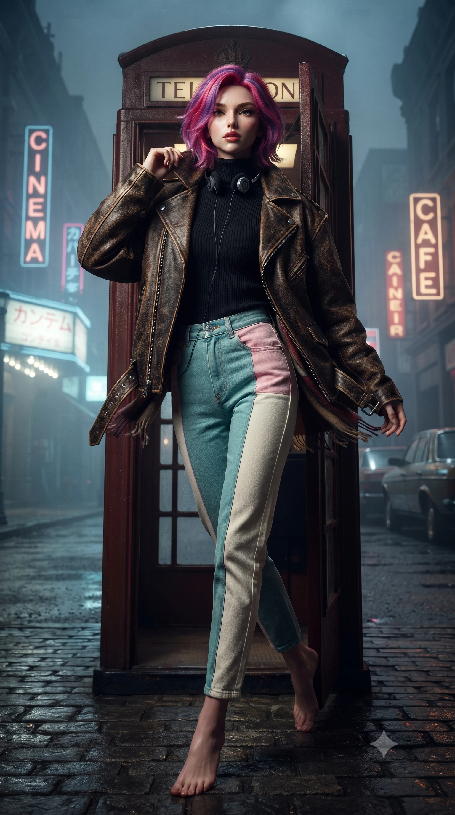 score_9, masterpiece, best quality, ultra-detailed, high-budget anime keyframe, editorial fashion photography, tasteful artistic composition, Caucasian woman. low angle full-body shot from head to toe showing her feet, filling the entire 9:16 vertical frame with her statuesque presence, stretching her vertical silhouette. executing an elegant mid-motion spin with effortless grace, her garments fluttering softly around her ultra-slim waistline while stepping out of the retro phone booth into the misty night street, pulling her trench coat collar up with effortless cool. The surrounding environment is rendered in vivid detail and crisp panoramic clarity. emotional cinematic chiaroscuro and nostalgic 90s urban romance aesthetics captured with precision. She has an absolutely perfect, statuesque 8.5-heads proportion, an exceptionally tall and slender model-like female figure with impossibly long slender legs, a toned flat midriff, and an ultra-slim waist. sharp v-shaped jawline, high-bridge nose, intricate jewel-like eyes with depth, thick eyelashes, glossy lips with a natural sheen, captivating and magnetic expression, flawlessly proportioned anatomical accuracy, strict slender model proportions, natural body alignment, perfectly sculpted long slender limbs, ultra-slim waistline, clean dynamic posture without body distortion. wearing an iconic oversized vintage brown leather biker jacket worn over a snug ribbed turtleneck and high-rise mom jeans in retro turquoise, baby pink, and white, tailored from velvety soft genuine suede with classic stitched seams, accessorized with a classic leather belt with brass buckle and retro on-ear foam headphones, the breezy yet form-flattering drape swaying gracefully with her steps, accentuating her long willowy limbs and slim waistline. surrounded by an emotional, poetic, and heartwarming vintage movie heroine aura. ultra-reflective glossy finish, specular highlights, rich textural contrasts, high-contrast stereoscopic depth, volumetric dynamic lighting, 2k, ultra detail, master piece, 9:16 ratio