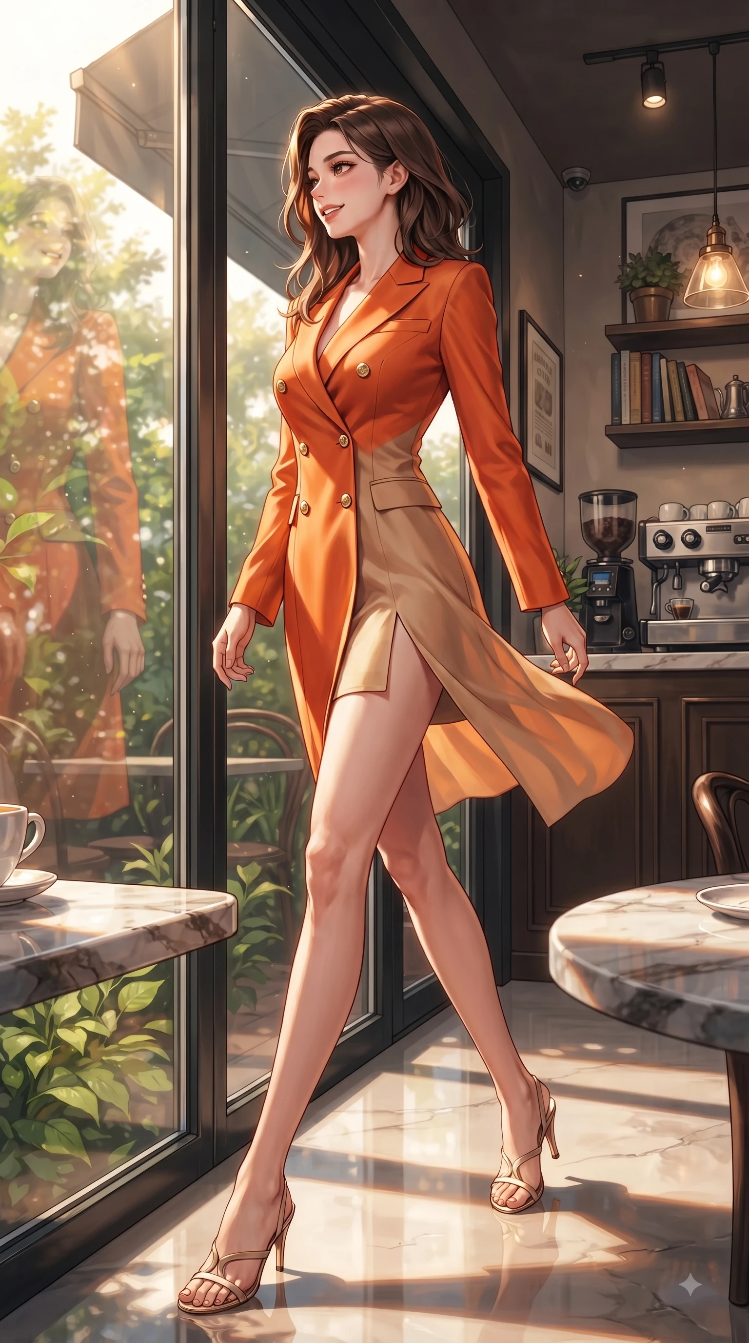 score_9, masterpiece, best quality, ultra-detailed, high-budget anime keyframe, editorial fashion photography, tasteful artistic composition, Korean woman. low angle full-body shot from head to toe showing her feet, filling the entire 9:16 vertical frame with her statuesque presence, stretching her vertical silhouette. pivoting dynamically with a fresh infectious smile, her ultra-slim waist creating a sweeping fluid curve while looking out a large glass window with a tender cute smile as golden light streams in. The surrounding environment is rendered in vivid detail and crisp panoramic clarity. intricate marble tabletop textures, green garden leaves, and cafe decor captured in deep focus. She has an absolutely perfect, statuesque 8.5-heads proportion, an exceptionally tall and slender model-like female figure with impossibly long slender legs and an ultra-slim waist. sharp v-shaped jawline, high-bridge nose, intricate jewel-like eyes with depth, thick eyelashes, glossy lips with a natural sheen, flawlessly proportioned anatomical accuracy, natural body alignment, perfectly sculpted elegant limbs, clean dynamic posture without body distortion. wearing a sleek double-breasted blazer dress with gold button accents in bright burnt orange and warm beige, crafted from lightweight fluid chiffon, featuring a sleek side leg slit ascending to mid-thigh, the glove-like fit emphasizing her statuesque silhouette during motion. surrounded by a cozy, intimate, and relaxing cafe atmosphere. ultra-reflective glossy finish, specular highlights, metallic sheen, high-contrast stereoscopic depth, volumetric dynamic lighting, 2k, ultra detail, master piece, 9:16 ratio