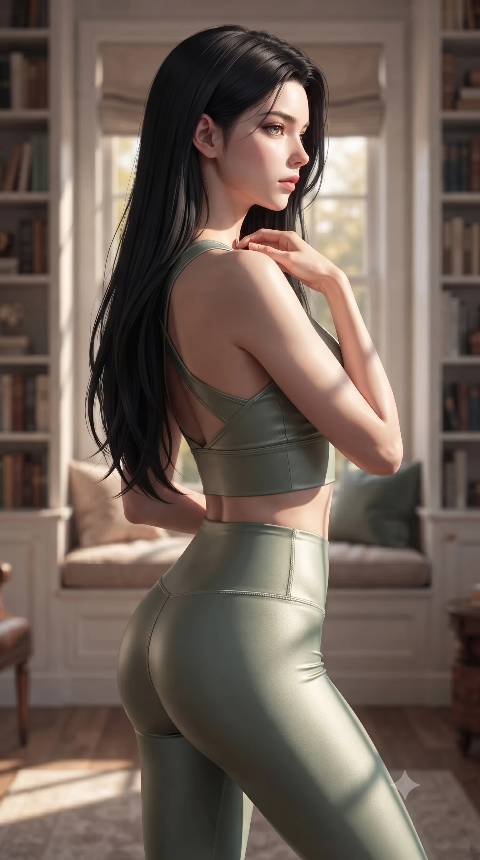 score_9, masterpiece, best quality, ultra-detailed, high-budget anime keyframe, editorial fashion photography, tasteful artistic composition, Korean woman woman. close-up cowboy shot from the waist and thighs up, the character dominates the composition, filling the frame with her large presence, background elements kept in soft focus. turning her face in sharp profile, casting a cold, mysterious, yet intensely alluring side gaze, the background shows a soft-focus a quiet personal library room with bookshelves lining the walls and a plush window seat. She has an exceptionally elegant, slender, and willowy female figure with an ultra-slim waist, a gracefully sculpted slender torso, and a refined silhouette. sharp v-shaped jawline, high-bridge nose, intricate jewel-like eyes with depth, thick eyelashes, glossy lips with a natural sheen. wearing a tailored form-fitting activewear set of a tailored cross-back crop top and matching tight leggings in sage green. soft golden afternoon light filtering through the window, casting long shadow patterns. ultra-reflective glossy finish, specular highlights, metallic sheen, high-contrast stereoscopic depth, volumetric dynamic lighting, 2k, ultra detail, master piece, 9:16 ratio