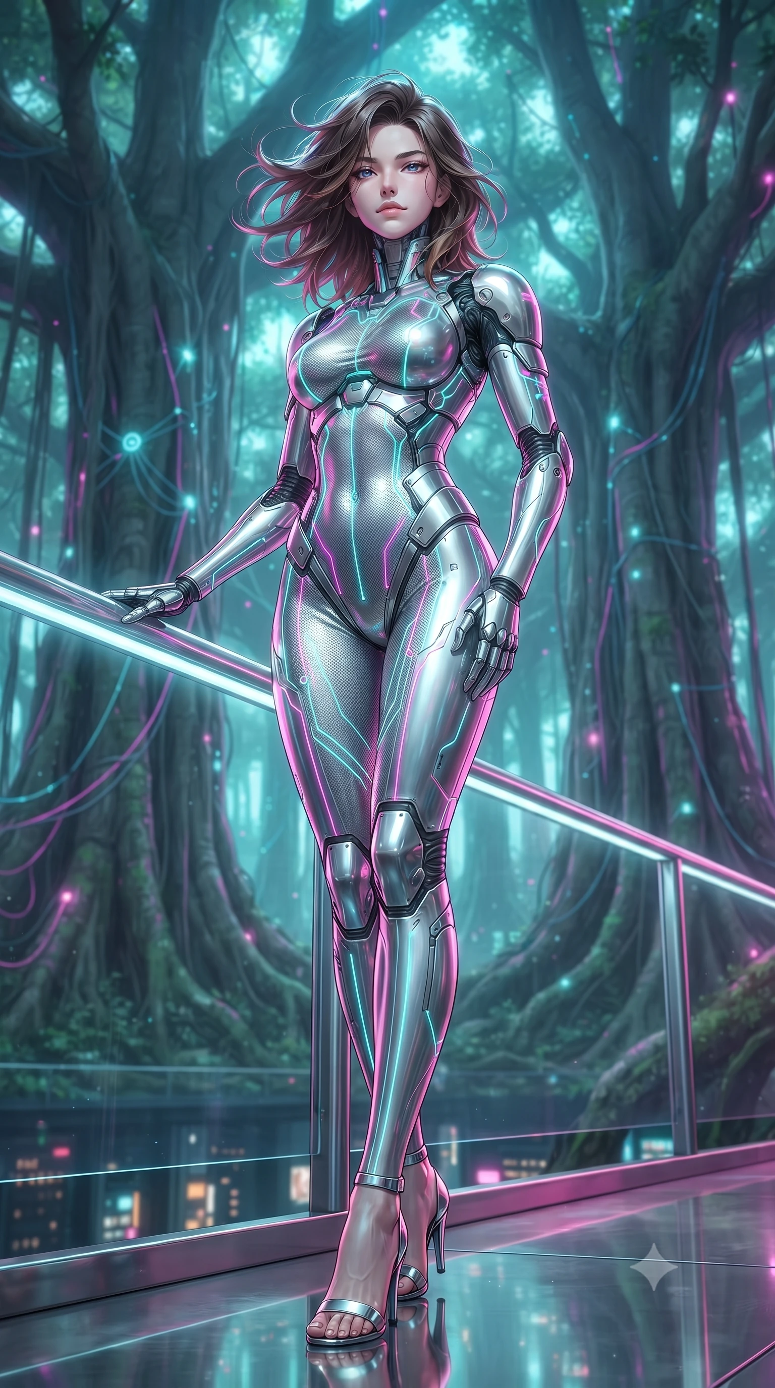score_9, masterpiece, best quality, ultra-detailed, high-budget anime keyframe, editorial fashion photography, tasteful artistic composition, Korean woman. low angle full-body shot from head to toe showing her feet, filling the entire 9:16 vertical frame with her statuesque presence, stretching her vertical silhouette. standing in a tall, confident posture with one hand on a glowing metal railing, stretching her statuesque body, the background shows a soft-focus a neon-lit artificial tree grove with colossal banyan trees woven with wires. She has an absolutely perfect, statuesque 8.5-heads proportion, an exceptionally tall and slender model-like female figure with impossibly long slender legs and an ultra-slim waist. sharp v-shaped jawline, high-bridge nose, intricate jewel-like eyes with depth, thick eyelashes, glossy lips with a natural sheen. wearing a form-contouring delicate silver nano-mesh bodysuit with strategically placed chrome armor plate guards covering key curves. bright cyan and magenta laser lines projecting neon patterns across her form. ultra-reflective glossy finish, specular highlights, metallic sheen, high-contrast stereoscopic depth, volumetric dynamic lighting, 2k, ultra detail, master piece, 9:16 ratio