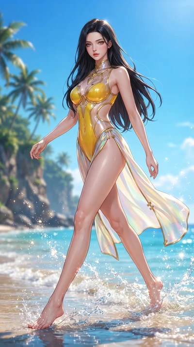 score_9, masterpiece, best quality, ultra-detailed, high-budget anime keyframe, editorial fashion photography, tasteful artistic composition, Korean woman. low angle full-body shot from head to toe showing her feet, filling the entire 9:16 vertical f