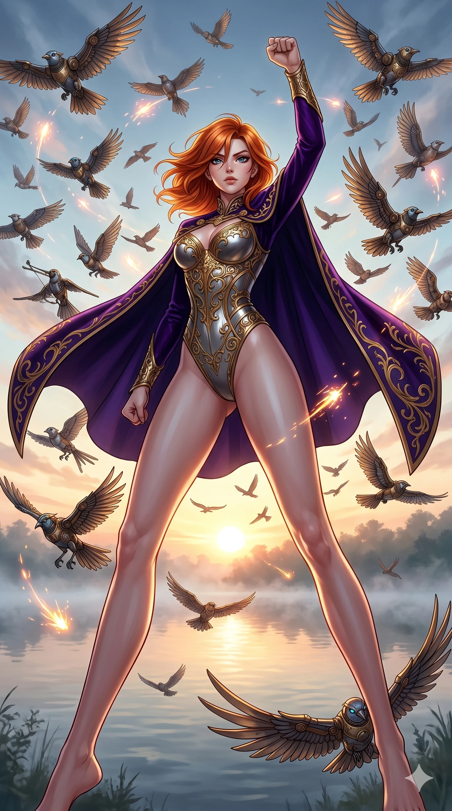 score_9, masterpiece, best quality, ultra-detailed, Set A: High-budget Anime Keyframe, Caucasian (strictly human ears) woman. Low angle cowboy shot filling the entire 9:16 frame with her statuesque presence. Standing victoriously through a misty lakeside at dawn, surrounded by a whirlwind of 262 mechanical birds and surrounded by glowing energy sparks. She has an absolutely perfect 8-heads proportion, an exceptionally tall and slender female figure with impossibly long slender legs and an ultra-slim waist. Sharp v-shaped jawline, high-bridge nose, intricate jewel-like eyes with depth, thick eyelashes, glossy lips with a natural sheen. Wearing Royal velvet cape over a high-cut metallic bodysuit with intricate gold engravings. Cinematic lighting, vibrant colors, dramatic shadows, 2k, ultra detail, master piece, 9:16 ratio