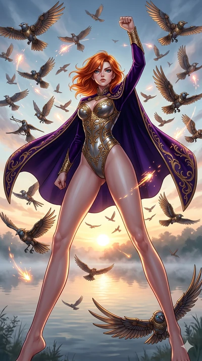 score_9, masterpiece, best quality, ultra-detailed, Set A: High-budget Anime Keyframe, Caucasian (strictly human ears) woman. Low angle cowboy shot filling the entire 9:16 frame with her statuesque presence. Standing victoriously through a misty lake