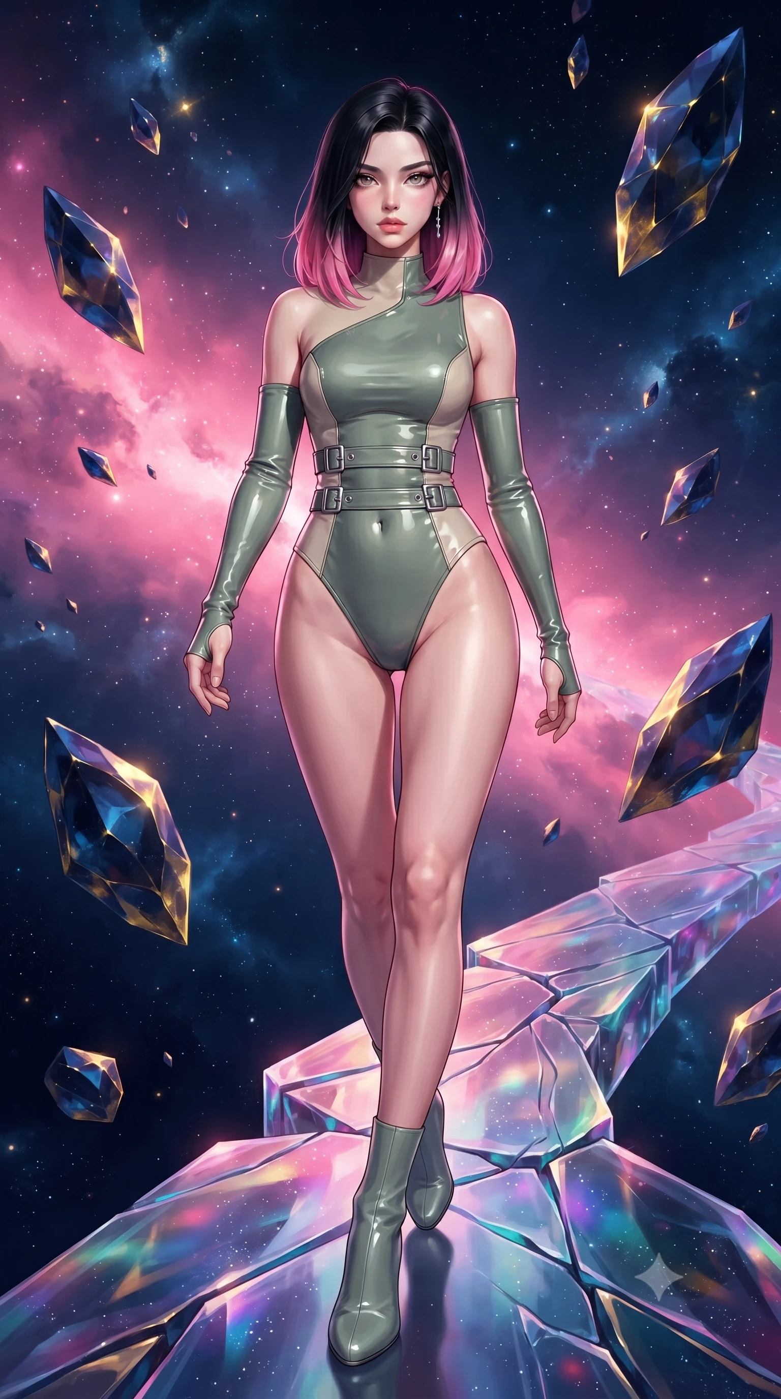 score_9, masterpiece, best quality, ultra-detailed, high-budget anime keyframe, editorial fashion photography, tasteful artistic composition, Korean woman. low angle full-body shot from head to toe showing her feet, filling the entire 9:16 vertical frame with her statuesque presence, stretching her vertical silhouette. stepping forward with proud posture, filling the vertical frame with her magnetic presence stepping along a crystalline cosmic bridge in deep space, floating meteor shards reflecting deep navy and gold hues. She has an absolutely perfect, statuesque 8.5-heads proportion, an exceptionally tall and slender model-like female figure with impossibly long slender legs and an ultra-slim waist. sharp v-shaped jawline, high-bridge nose, intricate jewel-like eyes with depth, thick eyelashes, glossy lips with a natural sheen. wearing an asymmetrical high-cut tech-bodysuit with detached sleeves in sage green and oatmeal, tailored from high-gloss patent leather, detailed with polished silver buckles along the waistline, the tailored fabric tightly following every curve of her athletic build. bathed in radiant cosmic pink and deep navy blue ambient light. highly saturated vibrant anime colors, detailed shading with soft gradients, rich glossy textures, high-contrast stereoscopic depth, volumetric dynamic lighting, master piece, 9:16 ratio