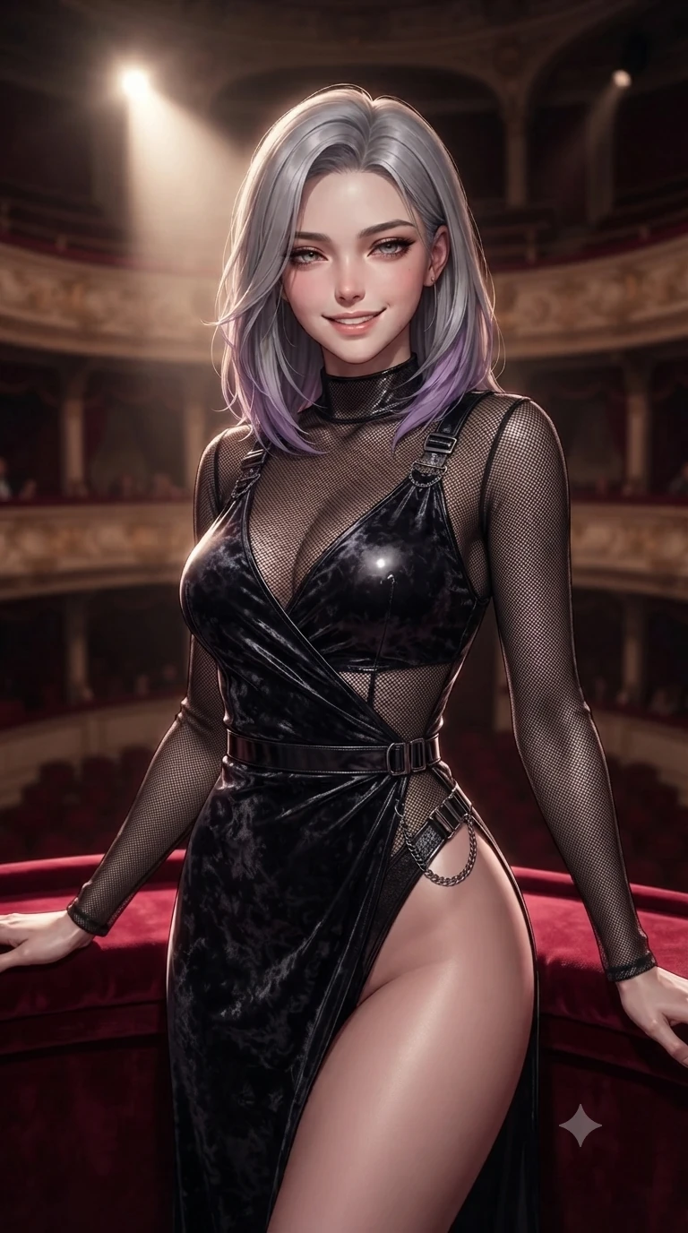 score_9, masterpiece, best quality, ultra-detailed, high-budget anime keyframe, editorial fashion photography, tasteful artistic composition, Caucasian woman. close-up cowboy shot from the waist and thighs up, the character dominates the composition, filling the frame with her large presence. smiling with quiet, magnetic self-assurance directly into the camera with heavy-lidded sparkling eyes while standing on a secluded private opera box balcony lined with deep crimson velvet, dramatic theatrical stage spotlight casting intense key light from afar. The background shows a soft-focus historic imperial opera auditorium softened in theatrical shallow focus. She has an exceptionally elegant, slender, and willowy female figure with an ultra-slim waist, flat toned midriff, narrow ribcage, and sculpted feminine hips creating an alluring, slim hourglass silhouette without bulk. sharp v-shaped jawline, high-bridge nose, intricate jewel-like dark sparkling eyes with hypnotic seductive depth, thick curled eyelashes, glossy parted lips with a natural wine sheen, alluring bedroom-eyes with an enigmatic smoldering smile, exuding magnetic sovereign charisma and dark avant-garde glamour, flawlessly proportioned anatomical accuracy, strict slender model proportions, natural body alignment, perfectly sculpted long slender limbs, ultra-slim waistline, clean dynamic posture without body distortion. wearing a delicate semi-translucent wet-look mesh bodysuit clinging sheerly to her sculpted torso and hip curves in pure obsidian monochrome with subtle metallic sheen, tailored from crushed dark velvet with deep light-absorbing plush texture, framed by dark titanium buckles and silver chain details, the high-slit wrap tailoring accentuating her ultra-slim waistline and the enchanting curve of her feminine hips with alluring seductive charm. illuminated by crimson velvet rail bounce and sharp champagne-rose rim lights defining her razor-sharp jawline, narrow waist, and curvy hips. ultra-reflective glossy finish, specular highlights, metallic sheen, high-contrast stereoscopic depth, volumetric dynamic lighting, 2k, ultra detail, master piece, 9:16 ratio