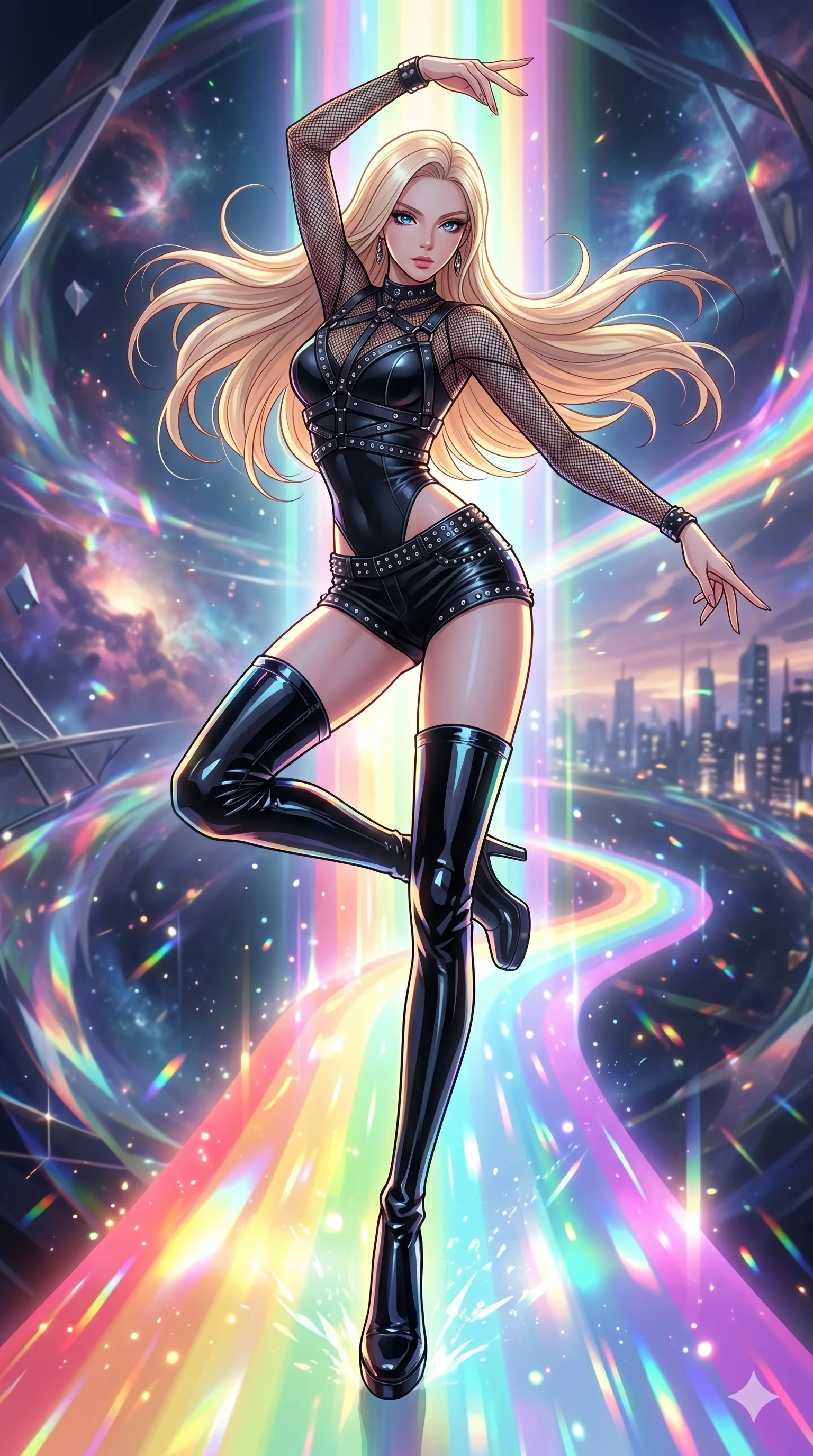 score_9, masterpiece, best quality, ultra-detailed, high-budget anime movie keyframe, cinematic anime lighting, intricate line art, Korean woman. Dynamic full-body shot stretching the vertical silhouette with extreme perspective. dancing on a bridge of rainbow light that spans two dimensions. She has an absolutely perfect 8-heads proportion, an exceptionally tall and slender female figure with an ultra-slim waist and impossibly long slender legs. strictly human anatomy, two legs only, no extra limbs, clearly defined legs and arms, perfect anatomy, perfect hands and fingers. sharp v-shaped jawline, high-bridge nose, intricate jewel-like eyes, thick eyelashes, glossy lips. Wearing K-Idol Stage: Leather harness over mesh, high-cut bodysuit, studded micro-shorts, and thigh-high patent boots. The scene is illuminated by dramatic atmospheric lighting and vibrant color palettes. , 2k, ultra detail, master piece, 9:16 ratio