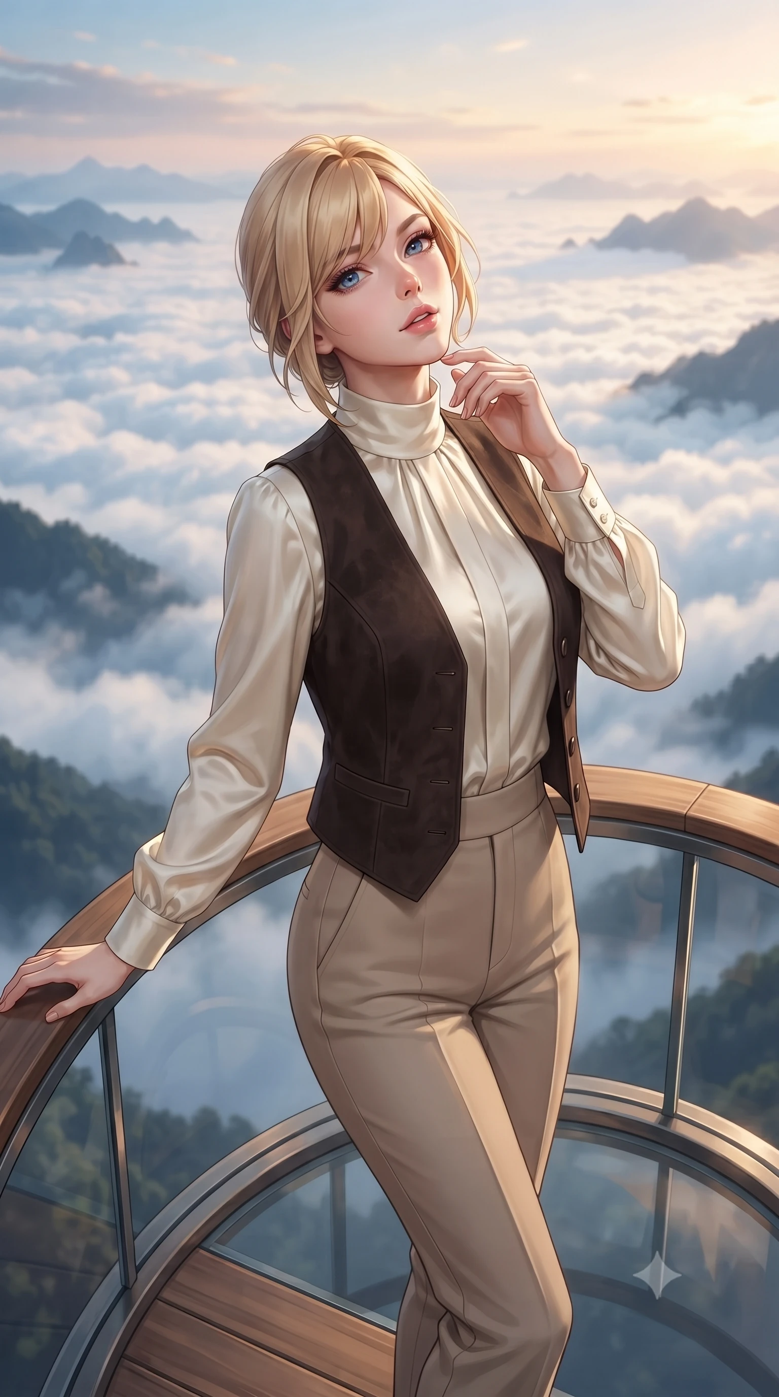 score_9, masterpiece, best quality, ultra-detailed, high-budget anime keyframe, editorial fashion photography, tasteful artistic composition, Caucasian woman, strictly human ears. close-up cowboy shot from the waist and thighs up, the character dominates the composition, filling the frame with her large presence, background elements kept in soft focus. Tilting her chin up slightly with lips parted in a composed expression. set against a soft-focus background of an open circular observation platform jutting out from a mountain peak above the cloud layer at sunrise with the vast white cloud sea stretching to every horizon and distant peaks emerging like islands. She has an exceptionally elegant and slender, willowy female figure with an ultra-slim waist, a gracefully sculpted slender torso, and a refined slim physique. sharp v-shaped jawline, high-bridge nose, intricate jewel-like eyes with depth, thick eyelashes, glossy lips with a natural sheen. wearing a high-neck ivory silk blouse under a dark brown suede vest, paired with beige tailored trousers. spectacular sunrise light in warm gold and rose painting the cloud tops with color while cool blue shadow fills the valleys between cloud formations creating dramatic aerial color contrast. 2k, ultra detail, master piece, 9:16 ratio