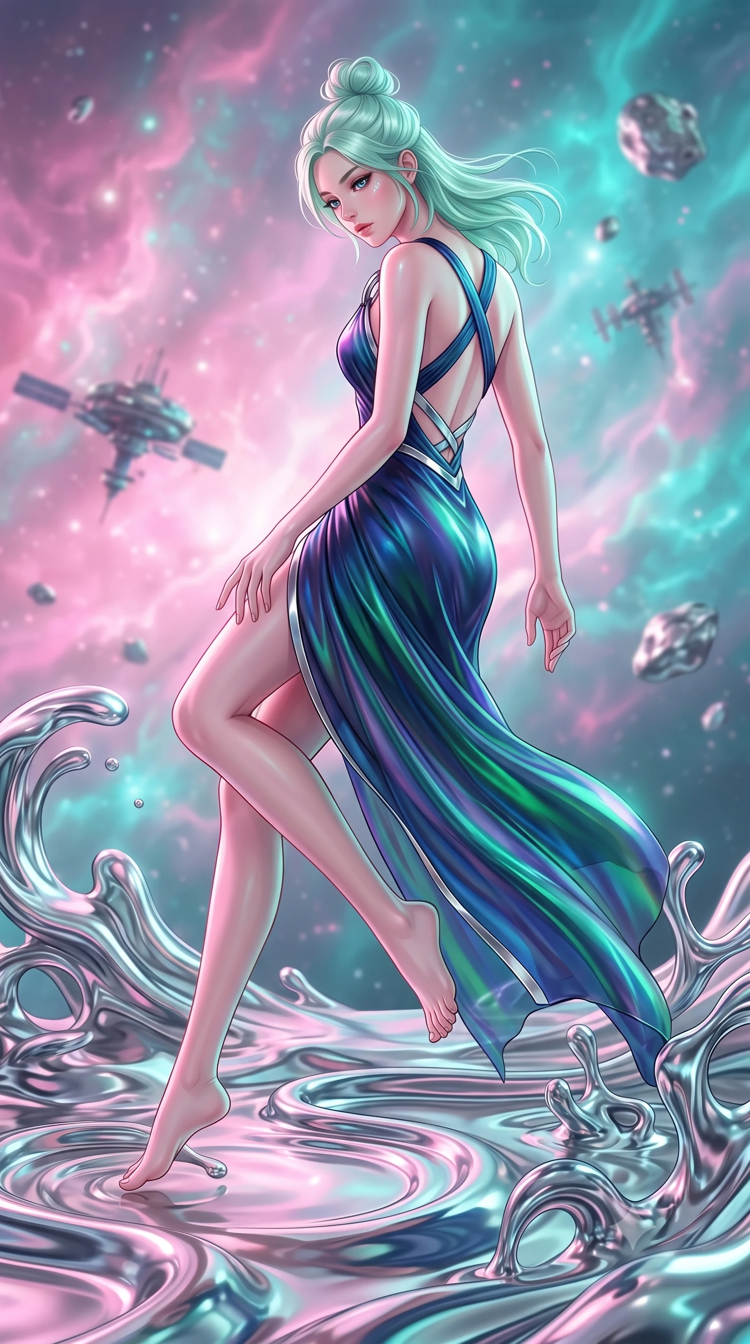 score_9, masterpiece, best quality, ultra-detailed, high-budget anime keyframe, editorial fashion photography, tasteful artistic composition, Japanese woman. low angle full-body shot from head to toe showing her feet, filling the entire 9:16 vertical frame with her statuesque presence, stretching her vertical silhouette. pivoting dynamically in zero-gravity with fluid body alignment, displaying her perfect model proportions while pivoting her torso in an S-curve alignment on a reflective liquid mercury reef, liquid mercury corals flowing smooth like molten chrome around her feet. She has an absolutely perfect, statuesque 8.5-heads proportion, an exceptionally tall and slender model-like female figure with impossibly long slender legs and an ultra-slim waist. sharp v-shaped jawline, high-bridge nose, intricate jewel-like eyes with depth, thick eyelashes, glossy lips with a natural sheen, flawlessly proportioned anatomical accuracy, natural body alignment, perfectly sculpted elegant limbs, clean dynamic posture without body distortion. wearing an asymmetrical Grecian draped chiffon gown with a metallic shoulder ring in midnight navy blue and chrome trim, crafted from iridescent chiffon that shifts colors in the light, complemented by criss-cross back straps highlighting her bare shoulders, the form-contouring material highlighting her ultra-slim waist and long lines. bathed in soft pastel pink and turquoise neon glow with glossy chrome reflections. highly saturated vibrant anime colors, detailed shading with soft gradients, rich glossy textures, high-contrast stereoscopic depth, volumetric dynamic lighting, master piece, 9:16 ratio
