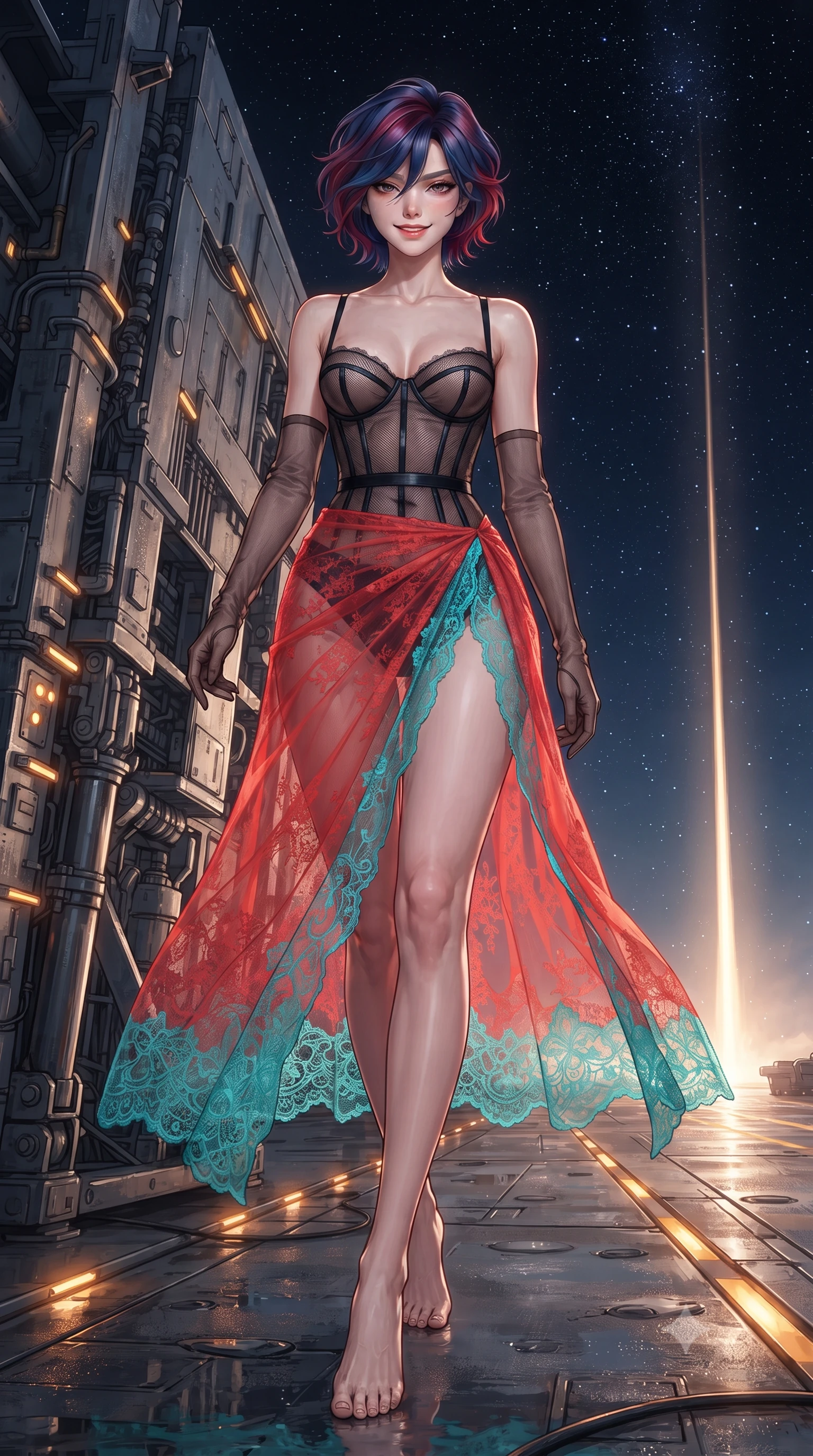 score_9, masterpiece, best quality, ultra-detailed, high-budget anime keyframe, editorial fashion photography, tasteful artistic composition, Korean woman. low angle full-body shot from head to toe showing her feet, filling the entire 9:16 vertical frame with her statuesque presence, stretching her vertical silhouette. stepping forward in a confident stride, her long slender legs and curvaceous hips creating a dynamic, sweeping vertical line while leaning against the hydraulic blast shield with hips cocked back, gazing down the 500-meter glowing launch track into the starlit void with smoldering bedroom-eyes. The surrounding environment is rendered in vivid detail and crisp panoramic clarity: detailed tactical flight jumpsuit texture, carbon-fiber armor seams, and military aerospace carrier engineering in high resolution. She has an exceptionally tall and slender model-like 8.5-heads proportion, an ultra-slim waist, a flat toned midriff, narrow delicate ribcage, and beautifully sculpted feminine hips creating a graceful, slim hourglass silhouette without any bulky heaviness, with impossibly long slender legs. sharp v-shaped jawline, high-bridge nose, intricate jewel-like sparkling eyes with depth, thick eyelashes, glossy parted lips with a natural peach sheen, bright cheerful beaming smile with an enchanting and coquettish sensual glint, exuding both youthful cute charm and seductive allure, flawlessly proportioned anatomical accuracy, strict slender model proportions, natural body alignment, perfectly sculpted long slender limbs, ultra-slim waistline, clean dynamic posture without body distortion. wearing a provocative translucent mesh corset bodice with boned satin channels paired with a sheer chiffon wrap maxi skirt in cyber-shinto vermilion and laser turquoise, made of delicate semi-sheer French Chantilly lace with intricate eyelash edges, complemented by sheer opera-length evening gloves tracing her slender arms, the liquid-tight tailored fabric clinging flawlessly to her narrow waist and rounded feminine hips, emphasizing every millimeter of her sculpted slim hourglass curves without any bulky heaviness. illuminated by wet metal deck bounce and sharp amber-gold rim lights defining her dewy collarbones, ultra-slim waist, and curvy hips. ultra-reflective glossy finish, specular highlights, rich textural contrasts, high-contrast stereoscopic depth, volumetric dynamic lighting, 2k, ultra detail, master piece, 9:16 ratio