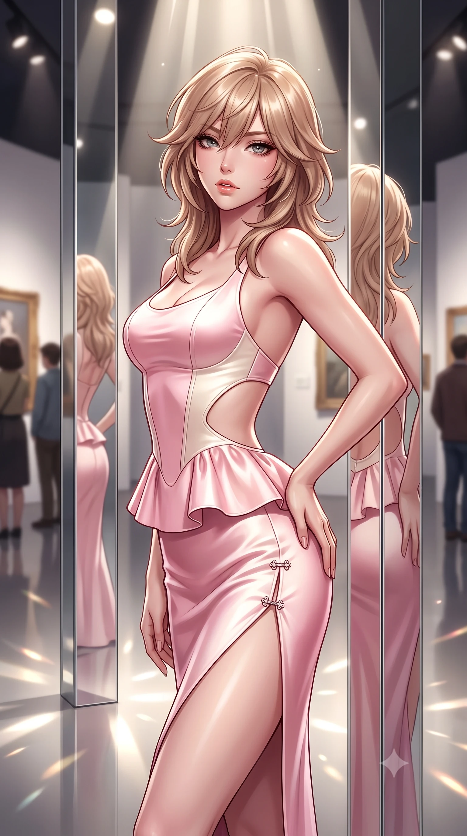 score_9, masterpiece, best quality, ultra-detailed, high-budget anime keyframe, semi-realistic 3D game render, editorial fashion photography, tasteful artistic composition, Japanese woman. close-up cowboy shot from the waist and thighs up, the character dominates the composition, filling the frame with her large presence. arching her spine backward with effortless dancer poise, one hand sliding along her hip line as directional light carves specular highlights along her silhouette while standing poised between mirror-finished stainless steel columns, her graceful hourglass silhouette multiplied into infinite reflections. The composition keeps background elements in soft focus with creamy bokeh. gallery pin-spotlight beams and reflective floor highlights scattering sleek directional light motes. She has an exceptionally elegant, slender, and willowy female figure with an ultra-slim waist, flat toned midriff, narrow ribcage, and sculpted feminine hips creating an alluring, slim hourglass silhouette without bulk. sharp v-shaped jawline, high-bridge nose, intricate jewel-like eyes with depth, thick eyelashes, glossy parted lips with a natural sheen, intensely captivating and seductive bedroom-eyes expression, flawlessly proportioned anatomical accuracy, strict slender model proportions, natural body alignment, perfectly sculpted long slender limbs, ultra-slim waistline, clean dynamic posture without body distortion. wearing a modern peplum corset dress with side-waist diamond cutouts and an ultra-tight silhouette in sakura blossom pink and warm ivory, tailored from ultra-smooth duchess satin with a pearlescent sheen, finished with an ultra-high side slit secured by miniature jeweled clasps, the precision-cut side openings and low-back scoop framing her graceful spine and the sensual sweep of her slim, toned hips. bathed in precise museum directional spotlights from above and soft floor-level ambient fill. highly saturated vibrant anime colors, detailed shading with soft gradients, rich glossy textures, high-contrast stereoscopic depth, volumetric dynamic lighting, master piece, 9:16 ratio