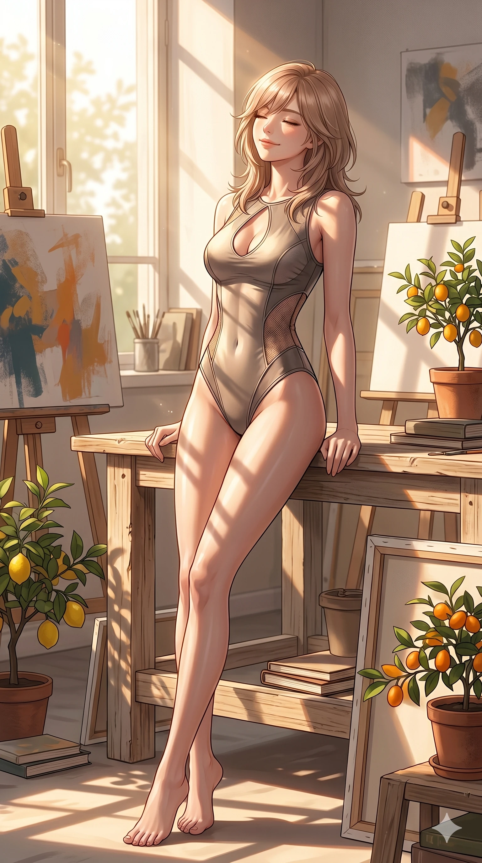 score_9, masterpiece, best quality, ultra-detailed, high-budget anime keyframe, editorial fashion photography, tasteful artistic composition, Japanese woman. cowboy shot from the thighs up, character and outfit filling the frame for maximum editorial presence. leaning back gracefully with a serene, relaxed smile, letting the warm sun wash over her face in a quiet sun-washed art atelier filled with canvases and potted citrus plants (Code-P040). She has an absolutely perfect 8-heads proportion, an exceptionally tall and slender female figure with impossibly long slender legs and an ultra-slim waist. V-shaped jawline, high-bridge nose, intricate jewel-like eyes with depth, thick eyelashes, glossy lips with a natural sheen. wearing a sleek, glove-like bodysuit with elegant keyhole cutout and side mesh panels. bathed in warm afternoon sunbeams casting long, soft shadows and highlighting her slender waist. 2k, ultra detail, master piece, 9:16 ratio