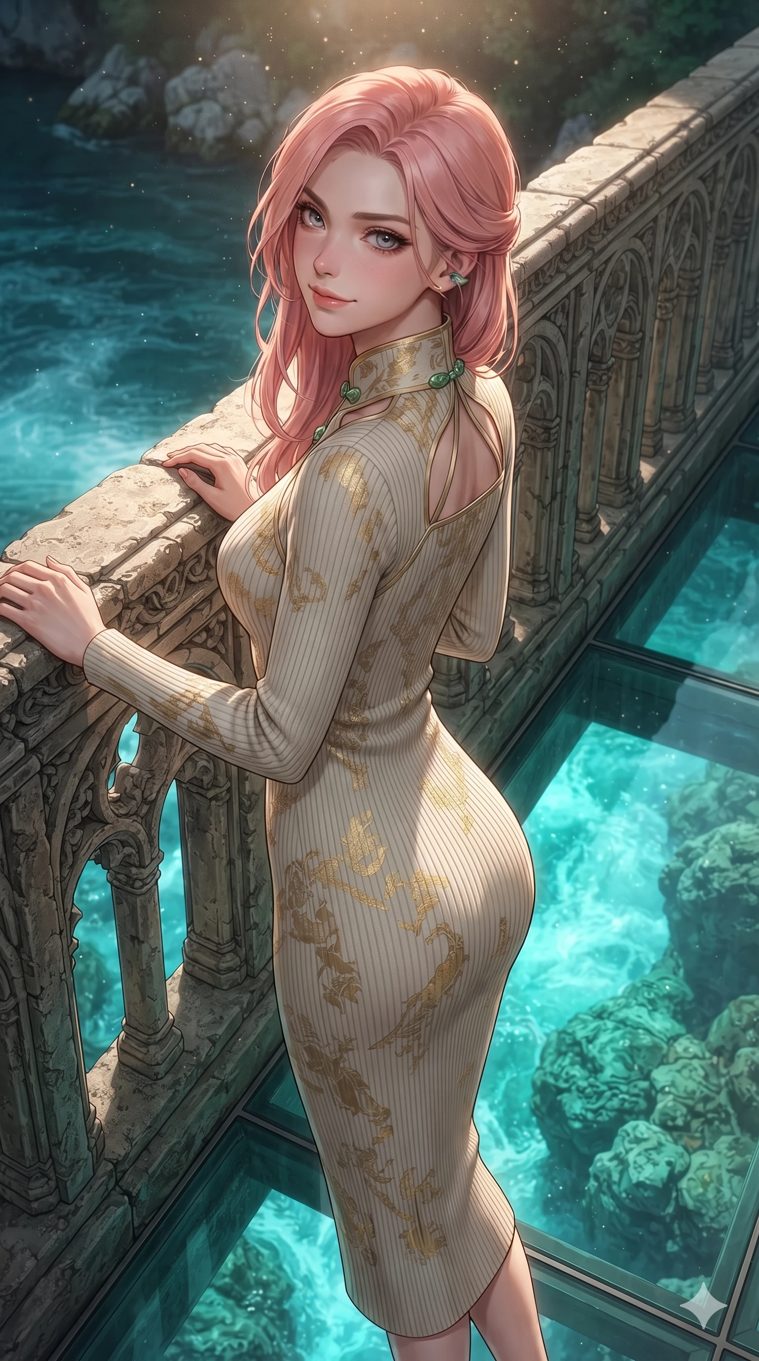 score_9, masterpiece, best quality, ultra-detailed, high-budget anime keyframe, editorial fashion photography, tasteful artistic composition, Japanese woman. close-up cowboy shot from the waist and thighs up, the character dominates the composition, filling the frame with her large presence. leaning forward over the carved stone gothic balustrade, looking back with sleepy seductive bedroom-eyes as water reflections dance across her silhouette while walking slowly along the suspended glass-bottom bridge, looking back over her shoulder with an air of effortless grace and an alluring, smoldering smile as glowing turquoise water rushes below. The surrounding environment is rendered in vivid detail and crisp panoramic clarity: sharp glass floor structural joints, high-velocity water froth speculars, and stainless steel support cable bevels in deep focus. She has an exceptionally elegant, slender, and willowy female figure with an ultra-slim waist, flat toned midriff, narrow ribcage, and sculpted feminine hips creating an alluring, slim hourglass silhouette without bulk. sharp v-shaped jawline, high-bridge nose, intricate jewel-like sparkling eyes with depth, thick eyelashes, glossy parted lips with a natural sheen, intensely captivating and seductive bedroom-eyes expression, exuding both youthful cute charm and sovereign luxury allure, flawlessly proportioned anatomical accuracy, strict slender model proportions, natural body alignment, perfectly sculpted long slender limbs, ultra-slim waistline, clean dynamic posture without body distortion. wearing an ultra-sleek form-fitting ribbed silk-knit midi dress with elegant collar cutouts contouring her feminine hourglass silhouette in Istrian stone cream and antique gold-leaf, tailored from heavy double-faced silk georgette with an exceptionally fluid drape, finished with sleek jade frog closures glinting along her high collar, the form-contouring material adhering flawlessly to her sculpted flat midriff and slender torso, emphasizing her long leg lines and perfectly proportioned willowy build. bathed in the vibrant underwater turquoise illumination filtering through the glass floor mixed with warm overhead starlight. ultra-reflective glossy finish, specular highlights, rich textural contrasts, high-contrast stereoscopic depth, volumetric dynamic lighting, 2k, ultra detail, master piece, 9:16 ratio