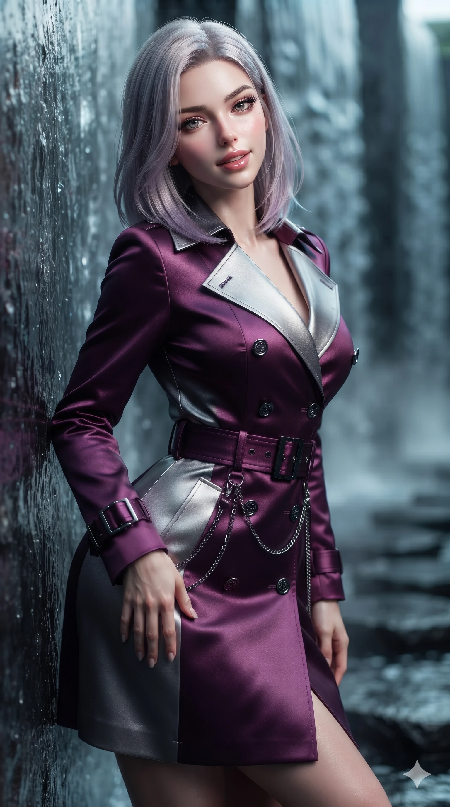 score_9, masterpiece, best quality, ultra-detailed, high-budget anime keyframe, editorial fashion photography, tasteful artistic composition, Caucasian woman. close-up cowboy shot from the waist and thighs up, the character dominates the composition, filling the frame with her large presence. tilting her head with a teasing half-smile, running one hand slowly down the side of her hip in a flirtatious S-curve while leaning against the sheer wet basalt water wall with hips cocked back, looking through thick curled eyelashes with smoldering bedroom-eyes. The background shows a soft-focus vertical cascading water walls, floating black volcanic stone pathways, and rising water vapor blurred into charcoal, teal, and slate bokeh. She has an exceptionally elegant, slender, and willowy female figure with an ultra-slim waist, flat toned midriff, narrow ribcage, and sculpted feminine hips creating an alluring, slim hourglass silhouette without bulk. sharp v-shaped jawline, high-bridge nose, intricate jewel-like dark sparkling eyes with hypnotic seductive depth, thick curled eyelashes, glossy parted lips with a natural wine sheen, alluring bedroom-eyes with an enigmatic smoldering smile, exuding magnetic sovereign charisma and dark avant-garde glamour, flawlessly proportioned anatomical accuracy, strict slender model proportions, natural body alignment, perfectly sculpted long slender limbs, ultra-slim waistline, clean dynamic posture without body distortion. wearing a structured double-breasted midnight trench coat dress with dark titanium buckle belt in royal amaranth purple and liquid platinum, tailored from soft dark satin with subtle light-absorbing depth, framed by dark titanium buckles and silver chain details, accentuating her gracefully sculpted slender torso and statuesque proportions. illuminated by water reflection upward bounce and sharp electric-cyan rim lights defining her razor-sharp jawline, narrow waist, and curvy hips. ultra-reflective glossy finish, specular highlights, metallic sheen, high-contrast stereoscopic depth, volumetric dynamic lighting, 2k, ultra detail, master piece, 9:16 ratio
