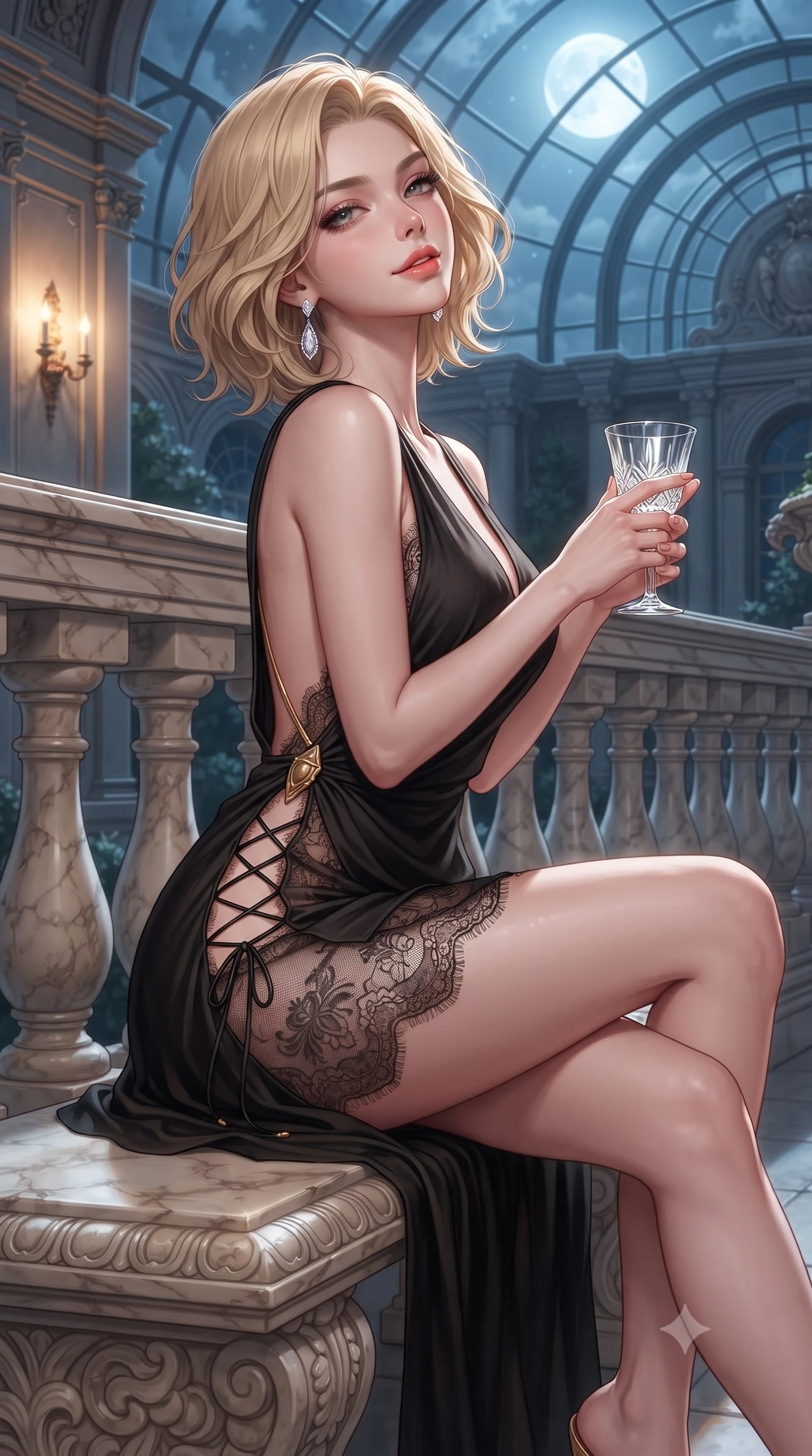 score_9, masterpiece, best quality, ultra-detailed, high-budget anime keyframe, editorial fashion photography, tasteful artistic composition, Caucasian woman. close-up cowboy shot from the waist and thighs up, the character dominates the composition, filling the frame with her large presence. leaning back against the balustrade with relaxed seductive grace, head tilted back slightly while casting a hypnotic, heavy-lidded gaze while sitting perched on the carved marble garden bench with one knee drawn up, holding a delicate crystal glass with sovereign seductive cool. The surrounding environment is rendered in vivid detail and crisp panoramic clarity: detailed deep sweetheart velvet bodycon dress cling, diamond drop earrings gleam, and Habsburg architectural grandeur in high resolution. She has an exceptionally elegant, slender, and willowy female figure with an ultra-slim waist, flat toned midriff, narrow ribcage, and sculpted feminine hips creating an alluring, slim hourglass silhouette without bulk. sharp v-shaped jawline, high-bridge nose, sparkling eyes with hypnotic seductive depth, thick curled eyelashes, glossy parted lips with a natural dewy peach sheen, alluring bedroom-eyes with an enchanting coquettish smile, exuding magnetic siren charisma and sophisticated glamour, flawlessly proportioned anatomical accuracy, strict slender model proportions, natural body alignment, perfectly sculpted long slender limbs, ultra-slim waistline, clean dynamic posture without body distortion. wearing a draped Greek-goddess style silk chiffon mini toga dress with an open back and golden hip fibula in Shanghai Art Deco black and polished brass gold, made of delicate semi-sheer French Chantilly lace with intricate eyelash edges, featuring fine criss-cross lace-up side ties revealing tantalizing glimpses of her hip curve, the form-contouring silhouette accentuating her sculpted flat midriff, narrow delicate ribcage, and gracefully curvy hips with intoxicating allure. bathed in cool silver full moonlight pouring through soaring glass arches mixed with warm 2700K interior wall sconce glow. ultra-reflective glossy finish, specular highlights, rich textural contrasts, high-contrast stereoscopic depth, volumetric dynamic lighting, 2k, ultra detail, master piece, 9:16 ratio