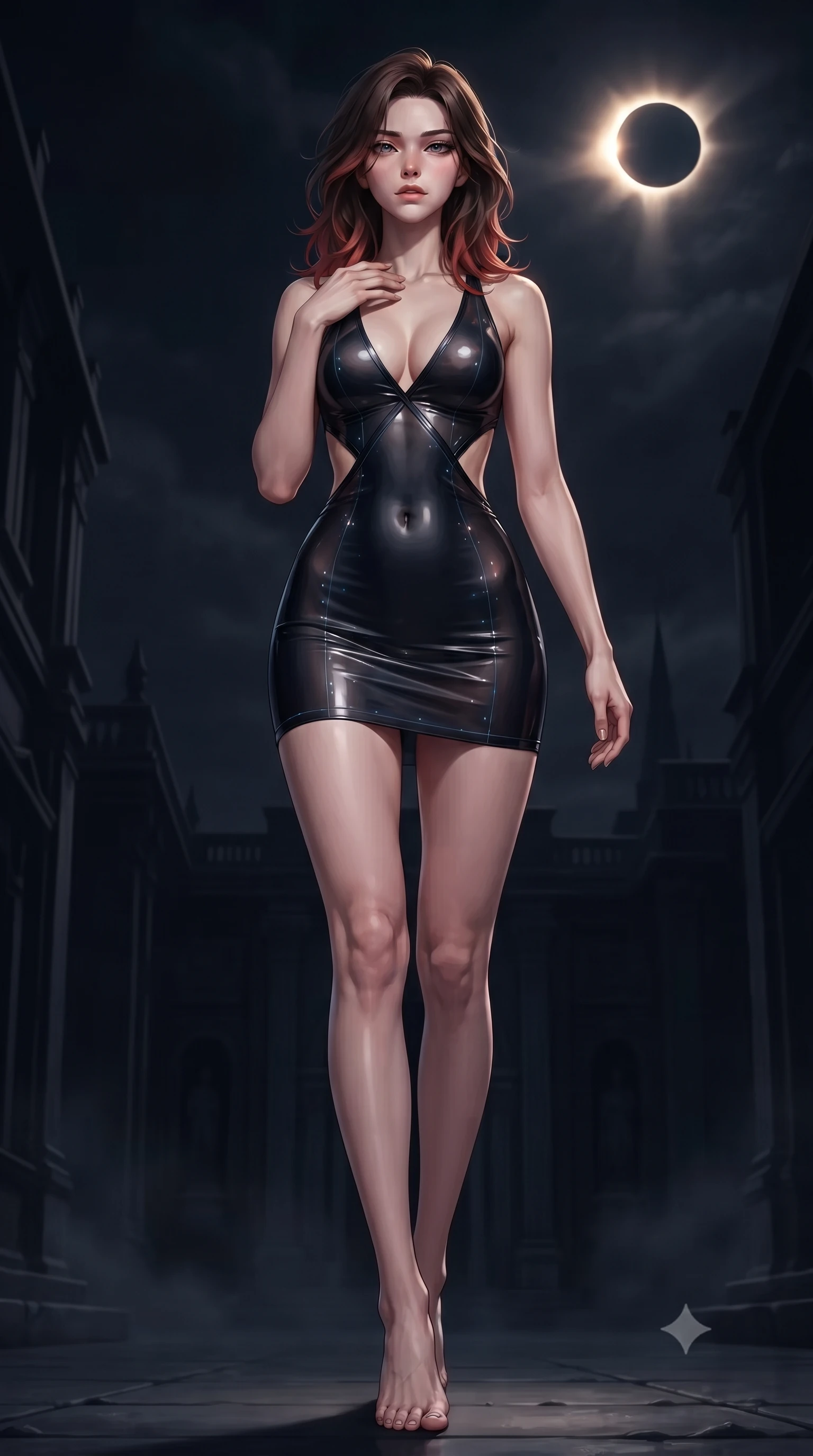 score_9, masterpiece, best quality, ultra-detailed, high-budget anime keyframe, editorial fashion photography, tasteful artistic composition, Korean woman. low angle full-body shot from head to toe showing her feet, filling the entire 9:16 vertical frame with her statuesque presence, stretching her vertical silhouette. striding forward in a proud, statuesque motion with a dangerous smolder, hips swaying with fierce allure, dominating the frame from head to toe while resting one hand near her collarbone with a dangerous, sovereign smolder gazing directly into the lens beneath the dark sky. The surrounding environment is rendered in vivid detail and crisp panoramic clarity. dramatic chiaroscuro contrast between glowing eclipse light and dark mystical architecture in precision. She has an absolutely perfect, statuesque 8.5-heads proportion, an exceptionally tall and slender model-like female figure with impossibly long slender legs, a toned flat midriff, and an ultra-slim waist. sharp v-shaped jawline, high-bridge nose, intricate jewel-like eyes with depth, thick eyelashes, glossy lips with a natural sheen, flawlessly proportioned anatomical accuracy, strict slender model proportions, natural body alignment, perfectly sculpted long slender limbs, ultra-slim waistline, clean dynamic posture without body distortion. wearing a second-skin midnight black latex mini dress with a dramatic open-back design wrapping around her waist and a plunging neckline in dark obsidian black with polished gunmetal accents, tailored from semi-translucent dark cybernetic vinyl with subtle glowing micro-filaments, complemented by criss-cross back straps highlighting her completely bare spine, the liquid-tight tailored fabric emphasizing every curve of her tall, slender model proportions and sculptured silhouette during dynamic movement. surrounded by an awe-inspiring, forbidden, and intensely provocative dark-goddess aura. ultra-reflective glossy finish, specular highlights, dark metallic sheen, deep chiaroscuro contrast, volumetric dynamic shadow lighting, 2k, ultra detail, master piece, 9:16 ratio
