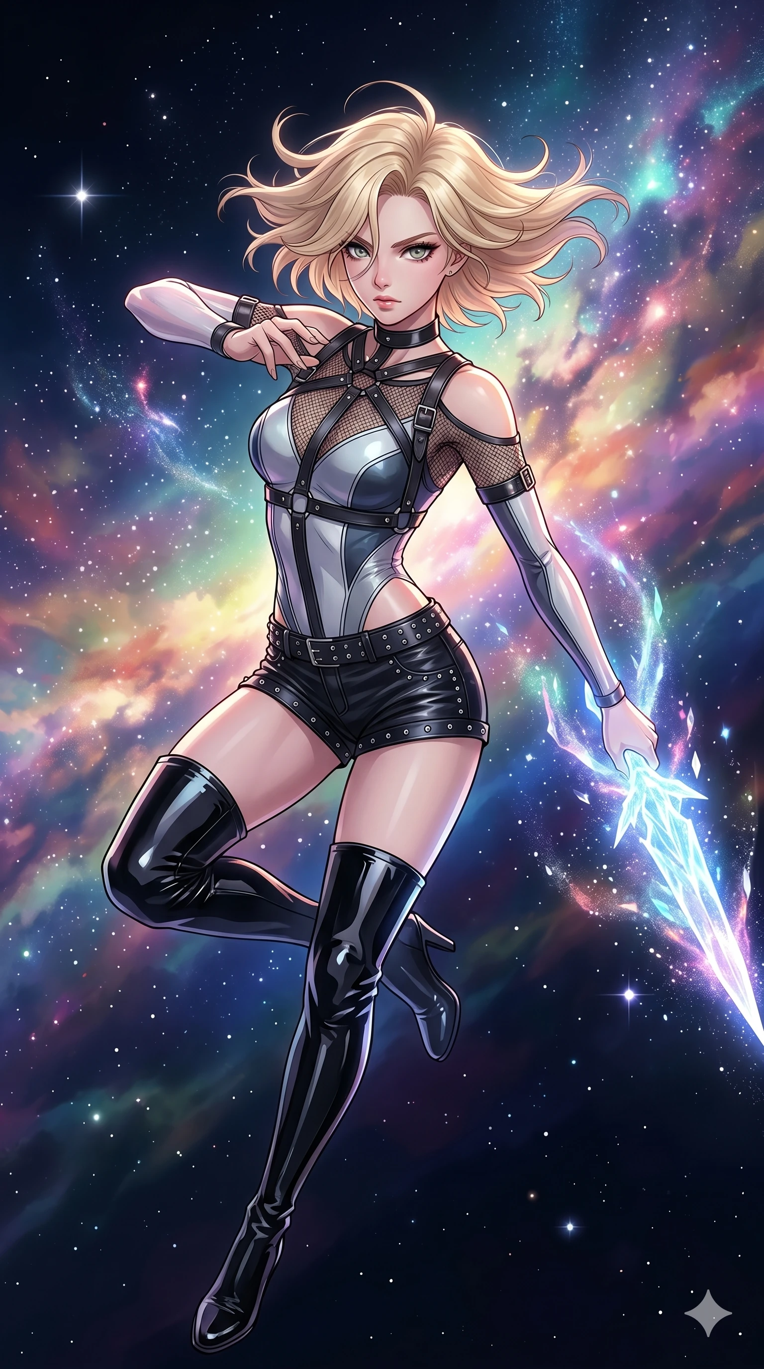 score_9, masterpiece, best quality, ultra-detailed, high-budget anime movie keyframe, cinematic anime lighting, intricate line art, Japanese woman. Mid-air action shot capturing a graceful twist and vertical silhouette. drawing stardust from the sky and shaping it into a blade. She has an absolutely perfect 8-heads proportion, an exceptionally tall and slender female figure with graceful and slender proportions. strictly human anatomy, two legs only, no extra limbs, clearly defined legs and arms, perfect anatomy, perfect hands and fingers. sharp v-shaped jawline, high-bridge nose, intricate jewel-like eyes, thick eyelashes, glossy lips. Wearing Dynamic performance outfit: Leather harness over mesh, sleek bodysuit, studded stylish shorts, and thigh-high patent boots. The scene is illuminated by dramatic atmospheric lighting and vibrant color palettes. , 2k, ultra detail, master piece, 9:16 ratio