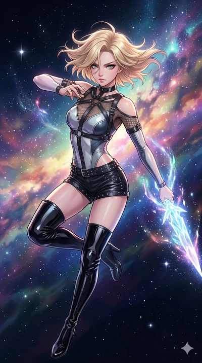 score_9, masterpiece, best quality, ultra-detailed, high-budget anime movie keyframe, cinematic anime lighting, intricate line art, Japanese woman. Mid-air action shot capturing a graceful twist and vertical silhouette. drawing stardust from the sky 