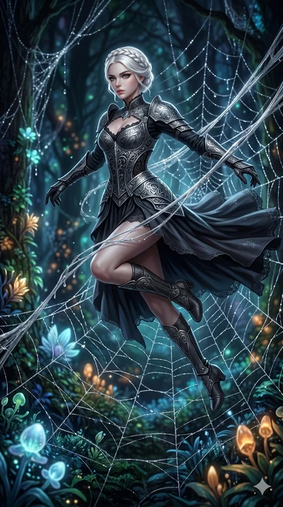 score_9, masterpiece, best quality, ultra-detailed, Set A: Photorealistic 8k CG, Japanese woman. Low angle cowboy shot filling the entire 9:16 frame with her statuesque presence. Leaping through a giant spiderweb made of silver silk in a dark enchant