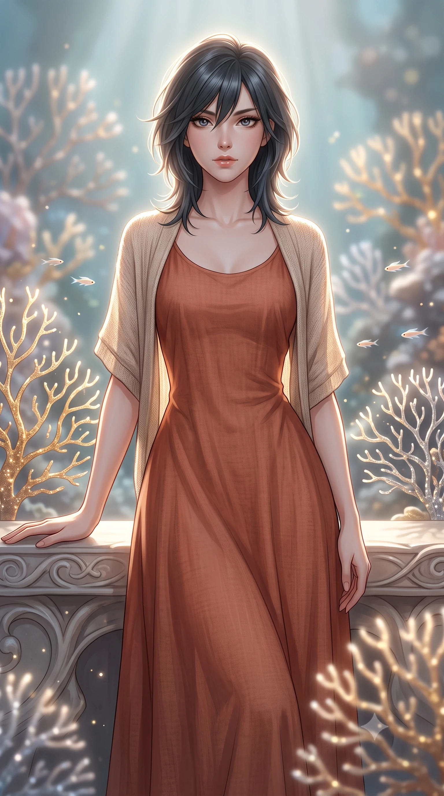 score_9, masterpiece, best quality, ultra-detailed, high-budget anime keyframe, editorial fashion photography, tasteful artistic composition, Caucasian woman, strictly human ears. close-up cowboy shot from the waist and thighs up, the character dominates the composition, filling the frame with her large presence, background elements kept in soft focus. Resting one arm elegantly against a surface with a poised relaxed stance. set against a soft-focus background of an underwater-like garden where coral formations are made entirely of solidified starlight in gold and silver their branches delicate as filigree swaying gently in cosmic currents with tiny light-fish darting between them. She has an exceptionally elegant and slender, willowy female figure with an ultra-slim waist, a gracefully sculpted slender torso, and a refined slim physique. sharp v-shaped jawline, high-bridge nose, intricate jewel-like eyes with depth, thick eyelashes, glossy lips with a natural sheen. wearing a flowing terracotta-colored linen maxi dress with a relaxed fit, layered with a light beige knitted shawl. dramatic backlight creating a radiant halo effect around her entire silhouette. 2k, ultra detail, master piece, 9:16 ratio