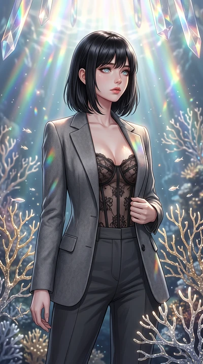 score_9, masterpiece, best quality, ultra-detailed, high-budget anime keyframe, editorial fashion photography, tasteful artistic composition, Caucasian woman, strictly human ears. close-up cowboy shot from the waist and thighs up, the character domin