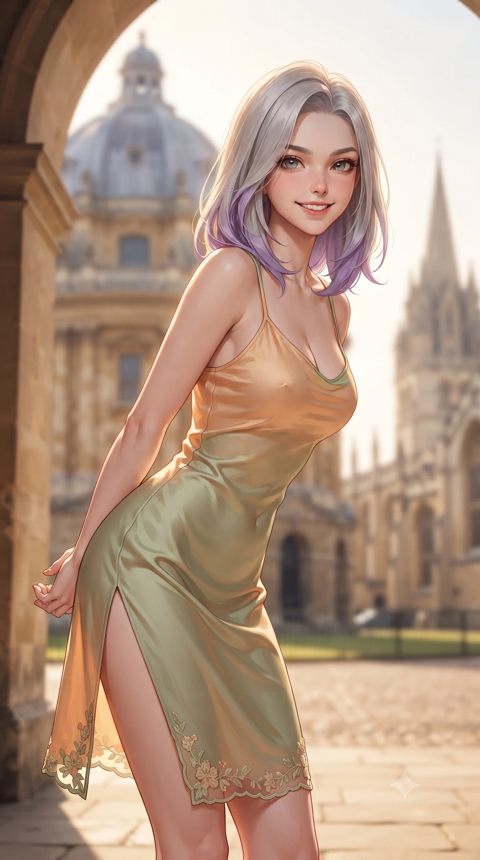 score_9, masterpiece, best quality, ultra-detailed, high-budget anime keyframe, editorial fashion photography, tasteful artistic composition, Caucasian woman. close-up cowboy shot from the waist and thighs up, the character dominates the composition, filling the frame with her large presence. resting both hands lightly behind her back while leaning toward the lens with a cheerful, teasing grin, her form-fitting outfit hugging her narrow waist and feminine hip curve while pausing gracefully beside classical stone library arches, flashing a cheerful beaming smile while her form-fitting outfit accentuates her sculpted hips. The composition keeps background elements in soft focus with dreamy creamy bokeh. monumental domed limestone Radcliffe Camera library and historic collegiate spires blurred into warm honey, champagne, and slate-blue bokeh. She has an exceptionally elegant, slender, and willowy female figure with an ultra-slim waist, flat toned midriff, narrow ribcage, and sculpted feminine hips creating an alluring, slim hourglass silhouette without bulk. sharp v-shaped jawline, high-bridge nose, intricate jewel-like sparkling eyes with depth, thick eyelashes, glossy parted lips with a natural peach sheen, bright cheerful beaming smile with an enchanting and coquettish sensual glint, exuding both youthful cute charm and seductive allure, flawlessly proportioned anatomical accuracy, strict slender model proportions, natural body alignment, perfectly sculpted long slender limbs, ultra-slim waistline, clean dynamic posture without body distortion. wearing a breezy silk-satin slip dress featuring a thigh-high side slit ascending to the high hip and criss-cross back straps in soft apricot and sage green, crafted from soft breathable linen with effortless natural drape, complemented by delicate embroidered floral trim along the hem, the liquid-tight tailored fabric clinging flawlessly to her narrow waist and rounded feminine hips, emphasizing every millimeter of her sculpted slim hourglass curves without any bulky heaviness. bathed in brilliant golden afternoon English sunshine casting long elegant shadows. ultra-reflective glossy finish, specular highlights, rich textural contrasts, high-contrast stereoscopic depth, volumetric dynamic lighting, 2k, ultra detail, master piece, 9:16 ratio